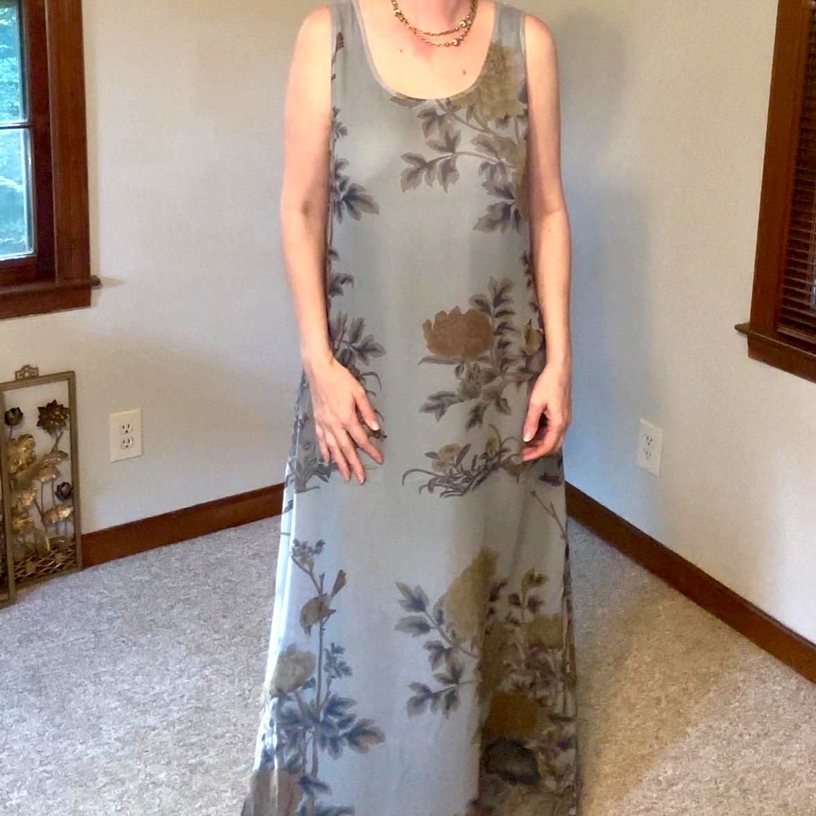 Vtg 90s Citron Santa Monica Silk Floral Maxi Dress Pale Blue Floaty Romantic M