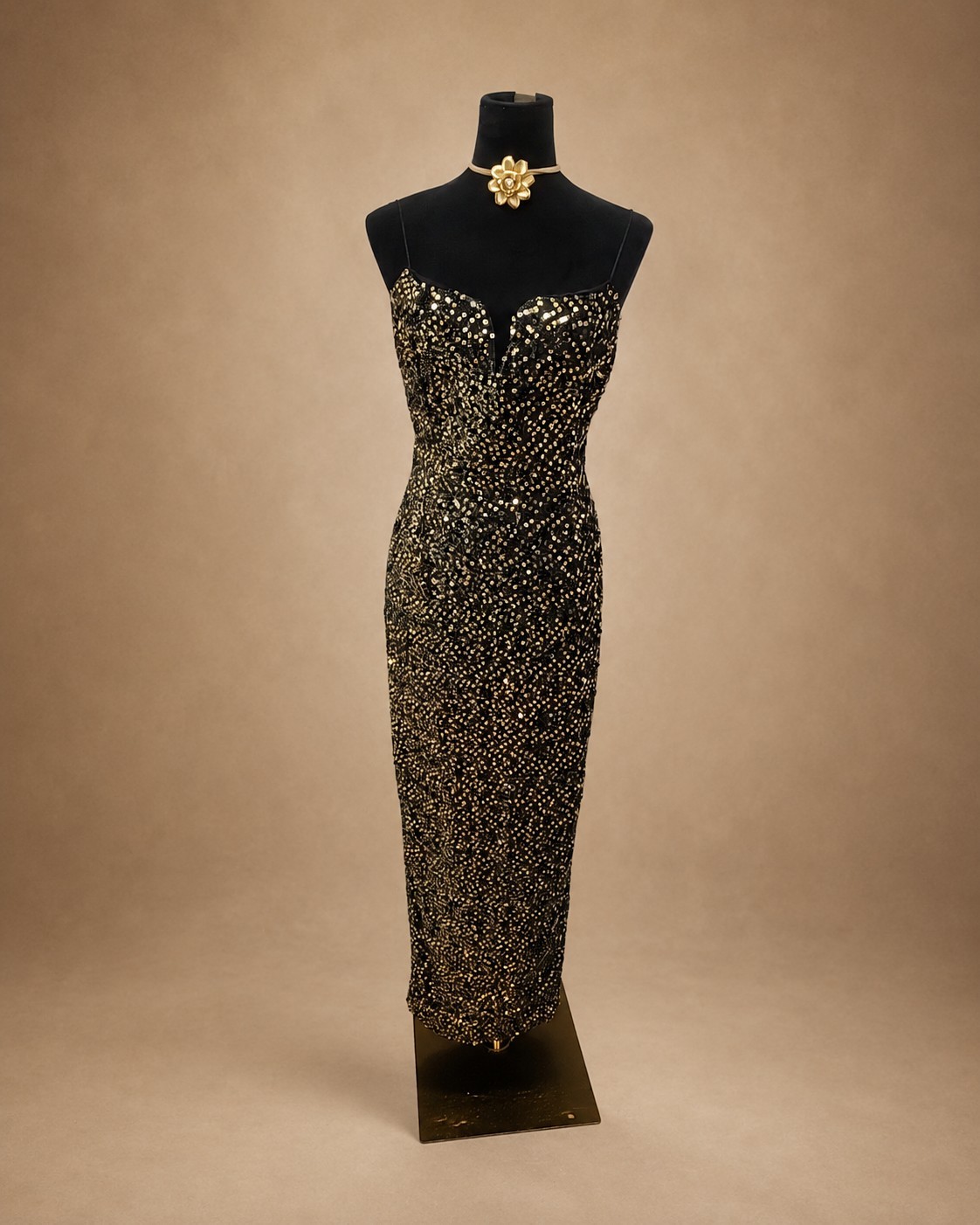 Vintage 90s Jessica McClintock Black Gold Sequin Column Maxi Evening Dress