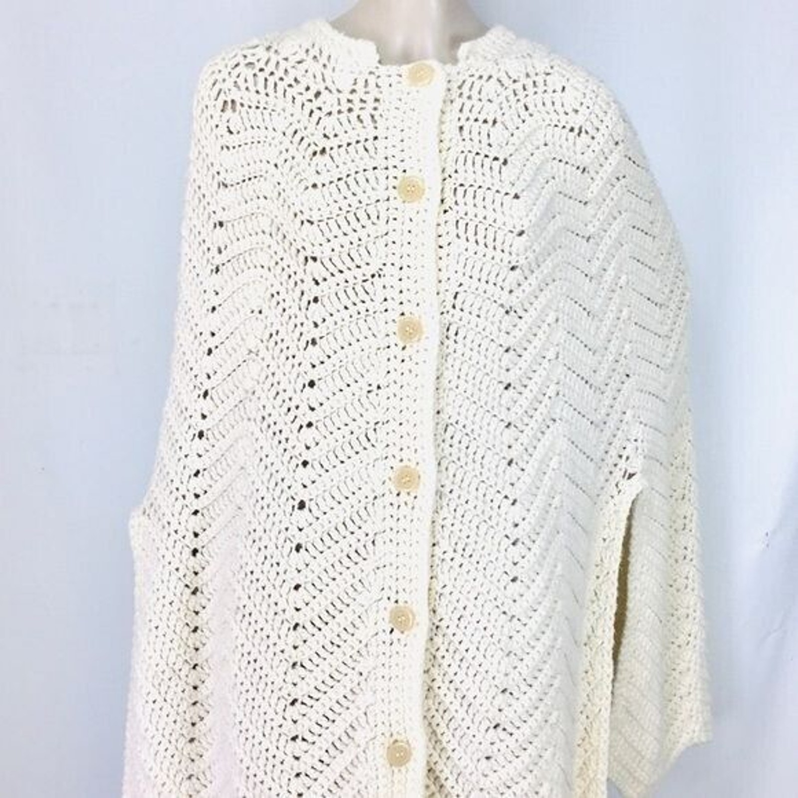 Vintage 70s Boho Hippie Creme Crochet Knit Bohemian Poncho Cape Long Sweater