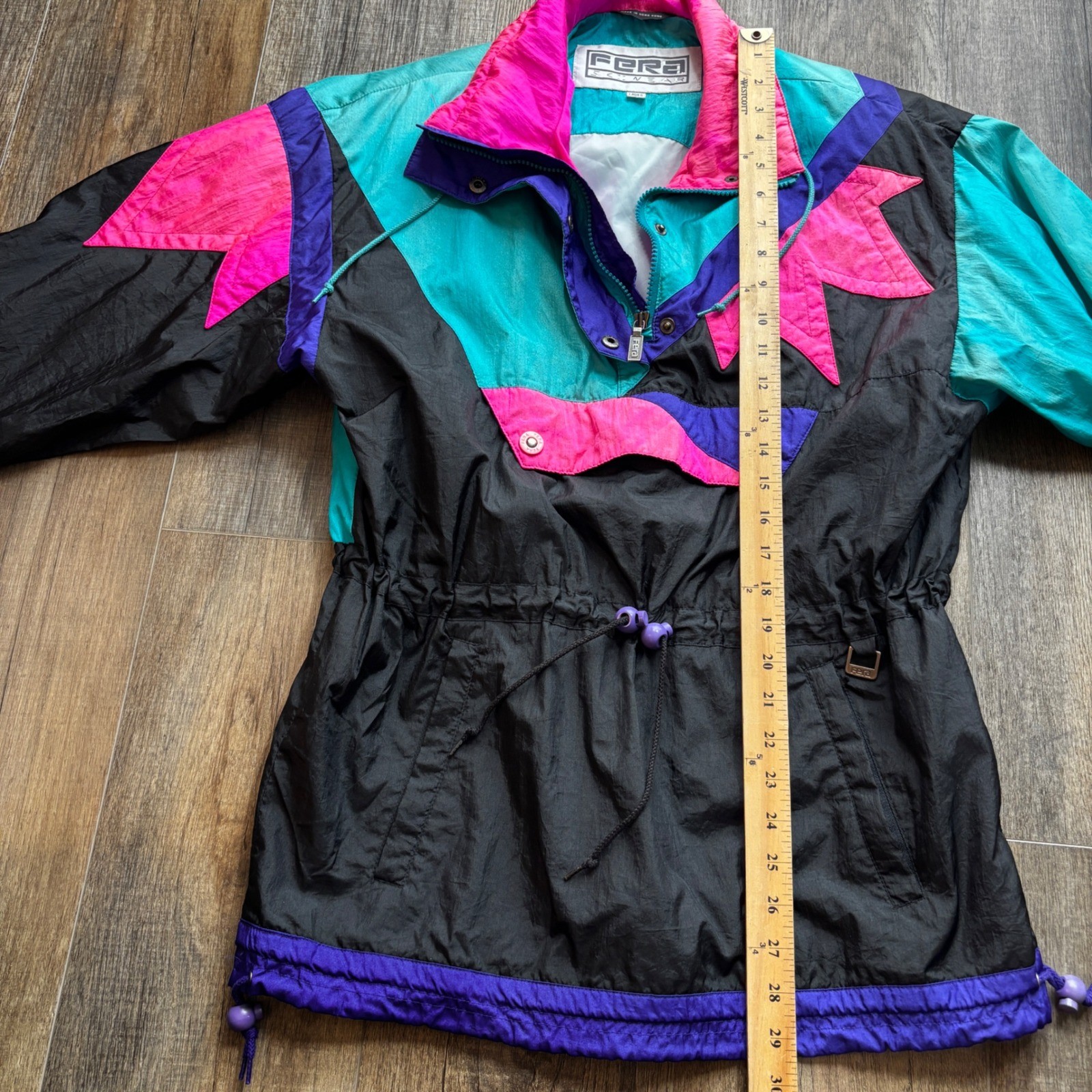 Vintage Fera Skiwear Neon Colorblock Anorak Pullover Jacket Womens 8 Black Teal