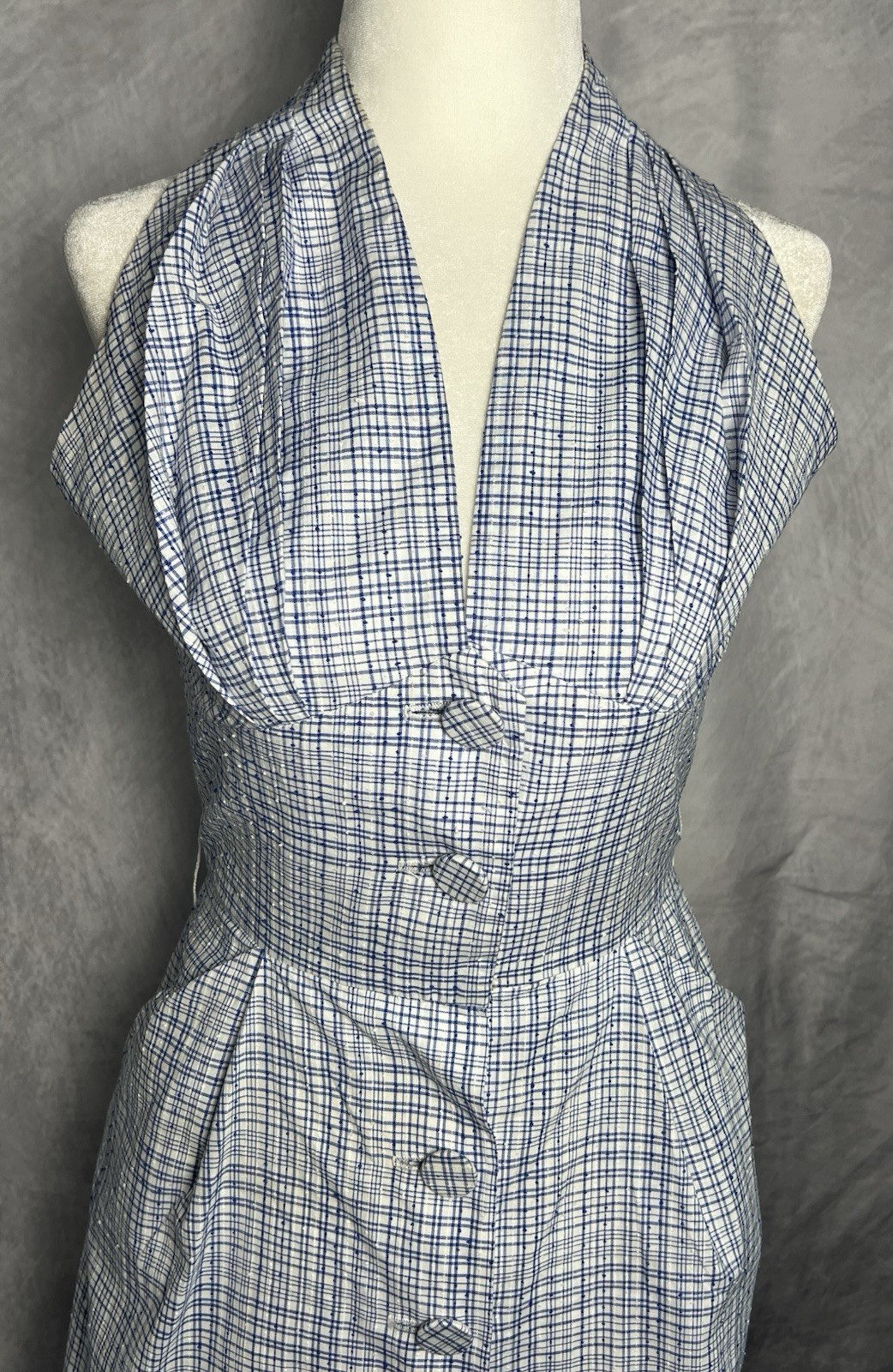 Vintage 1950s Forman & Gunner Blue White Plaid Swiss Dot Fitted Wiggle Dress M