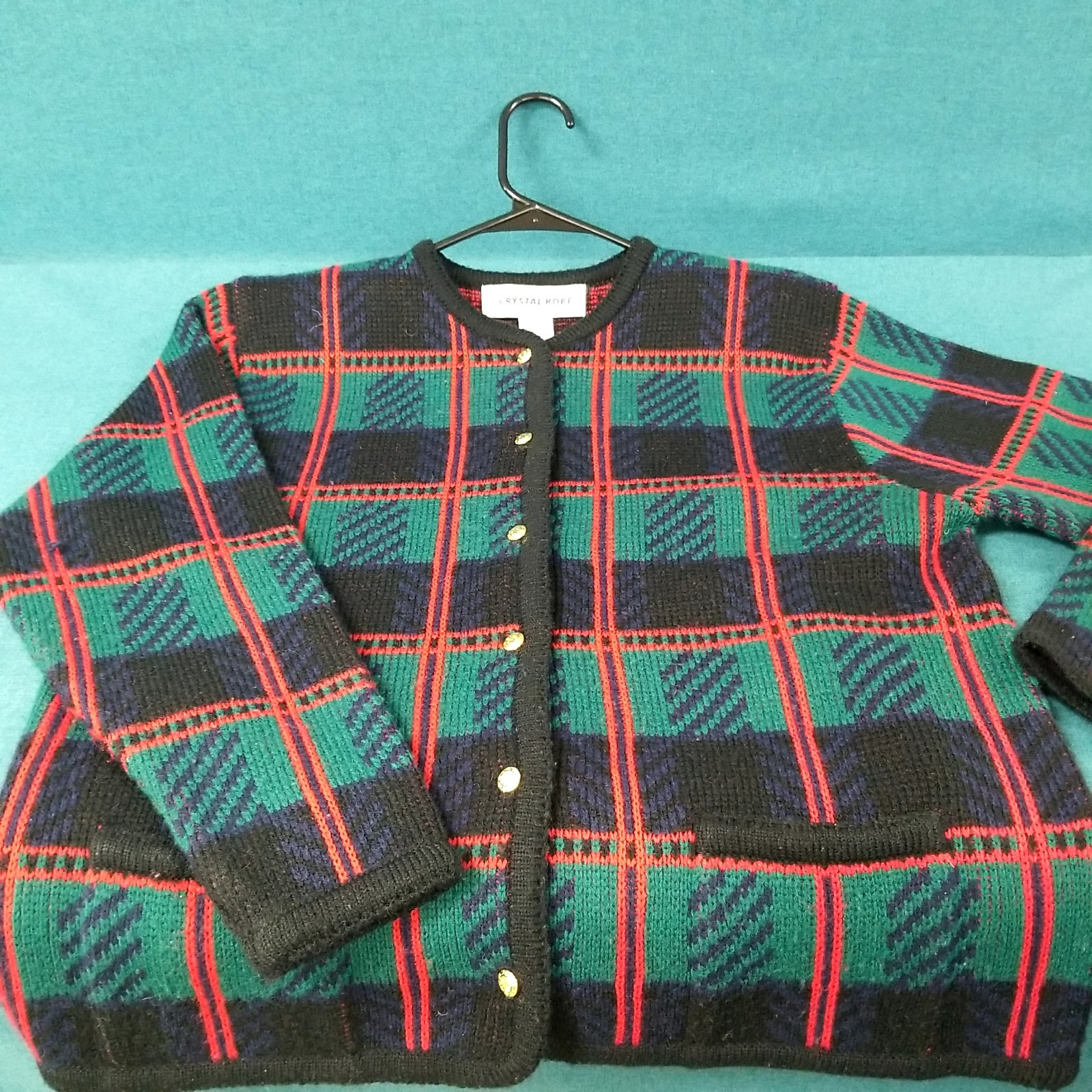 VTG Crystal Kobe Red/Green/Black Plaid Gold Button Cardigan Sweater Size Medium