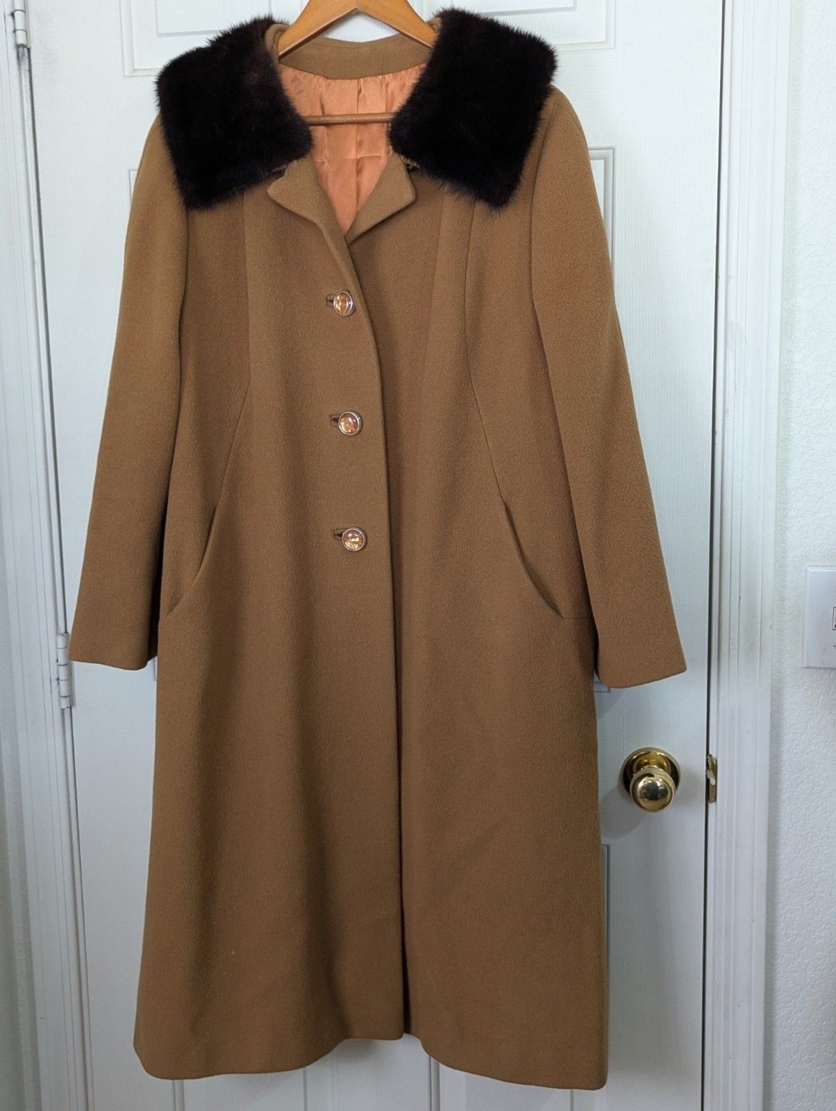 VTG 50s Chinese Cashmere Long Coat Fur Collar Womens XL Carmel Brown USA Made