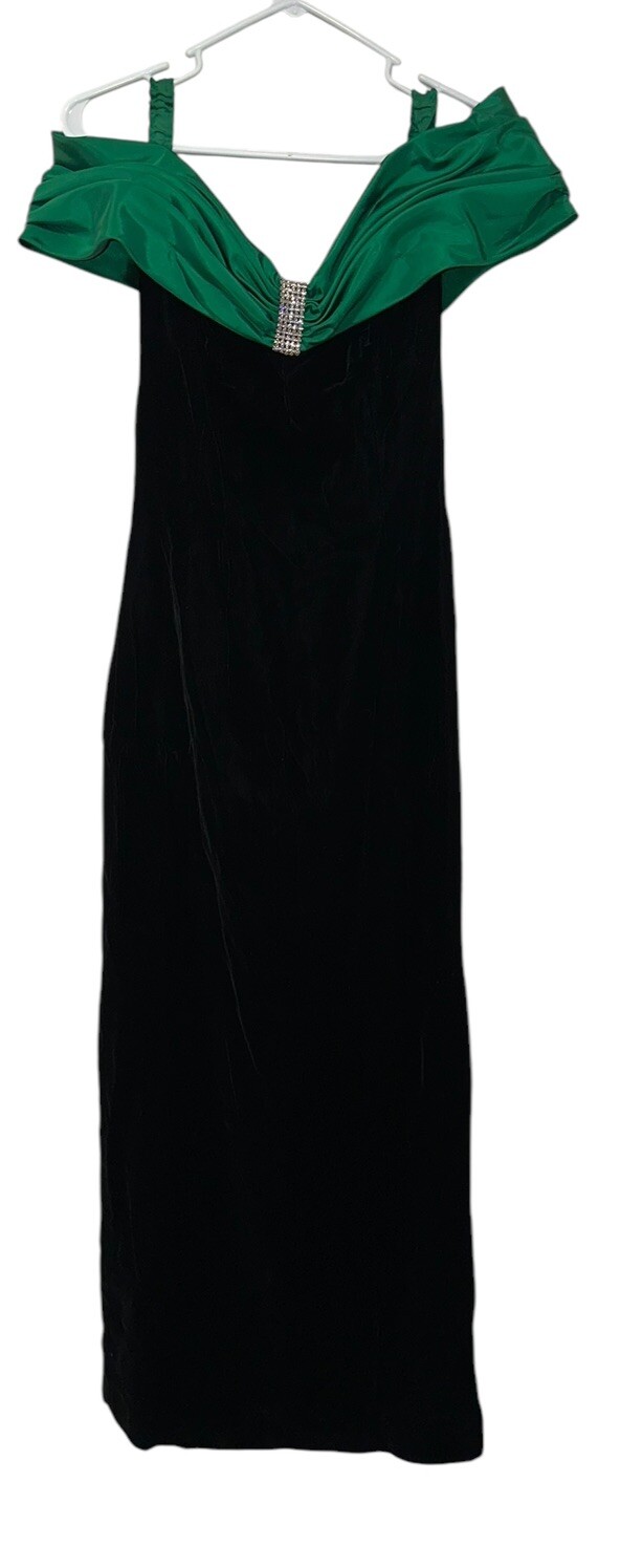 Vintage Mike Benet Formal Gown Size 10 Off Shoulder Black Velvet Green Satin