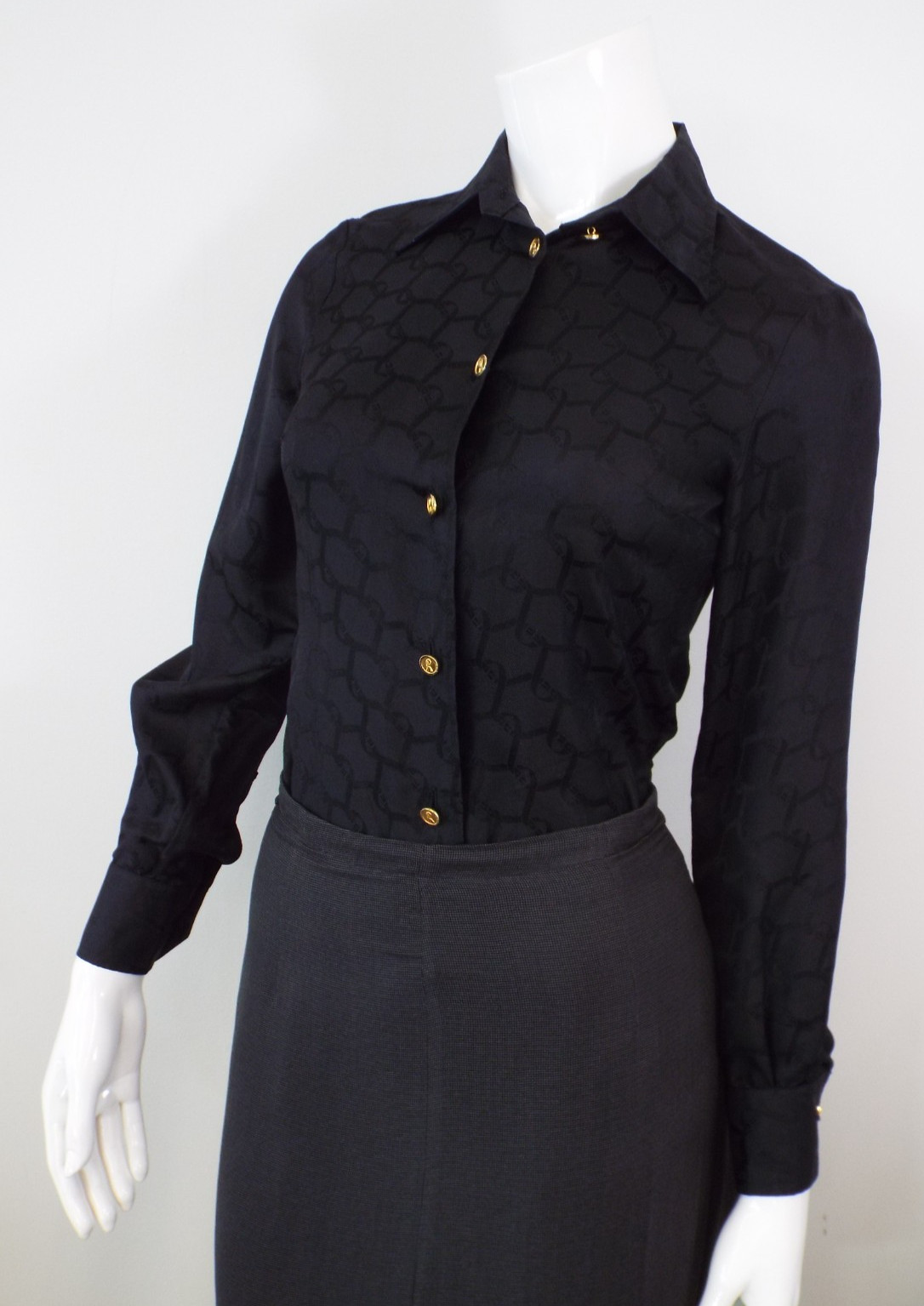 Vintage Roberta di Camerino Black Silk Blouse Shirt XS 6 Belt Logo Gold Buttons