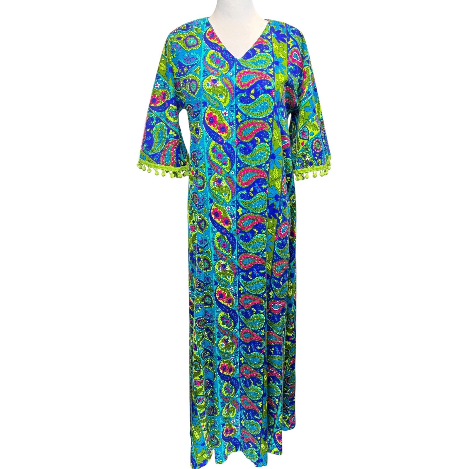 Vintage 60s Psychedelic Paisley Maxi Kaftan Dress Size S Blue Green Pom Pom Trim