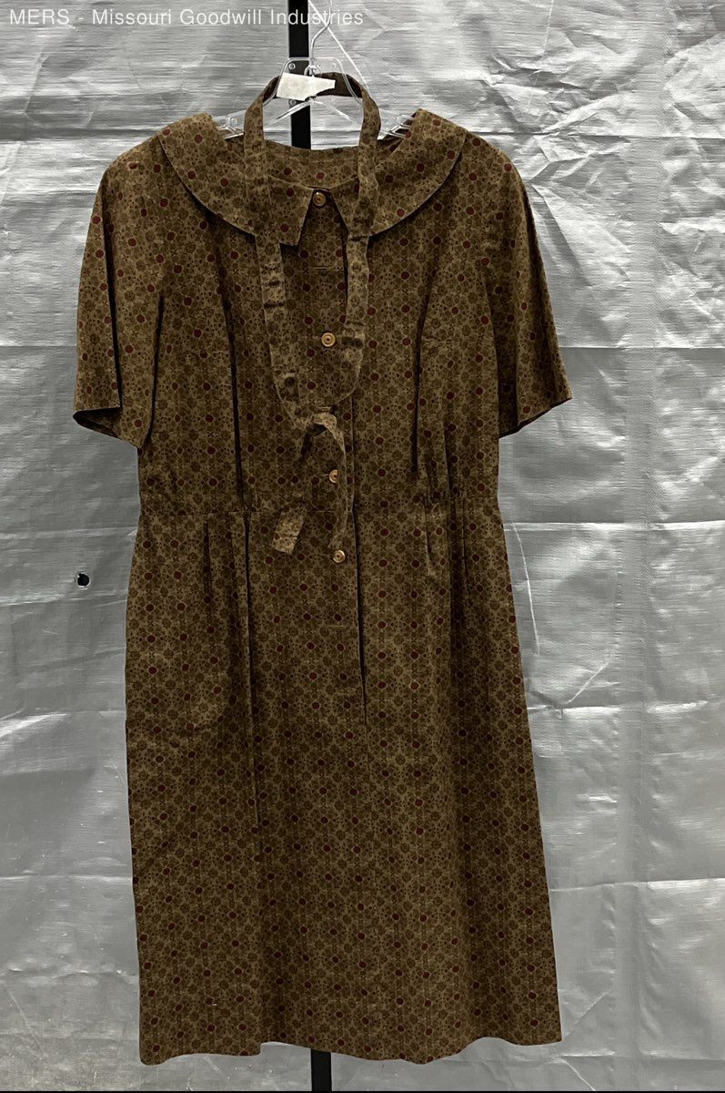 Vintage 70s 80s Floral Geometric Print Tie Neck Button Front Day Dress Sz S