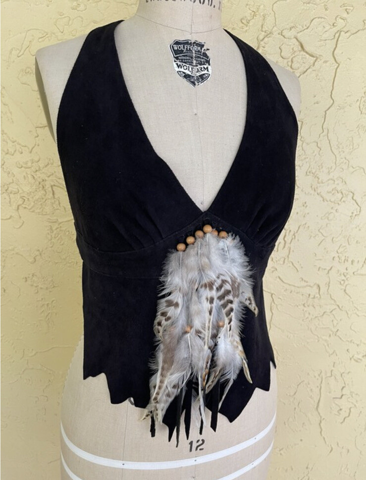 Vintage Halter Top Black Leather Bead Boho Biker Hippie Motorcycle Rock n Roll