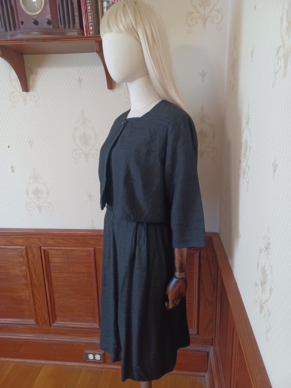 Vintage Mid-century Slubbed Black Cotton Little Black Cocktail Dress, size XL
