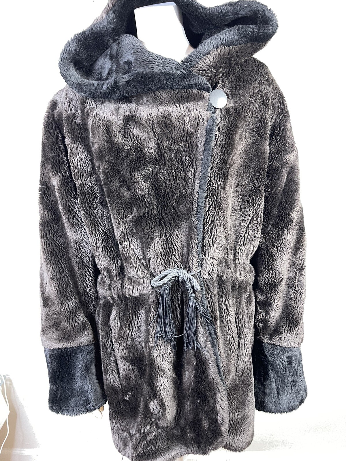 Vintage Henri Bendel New York brown Black faux fur hooded mob wife coat medium L