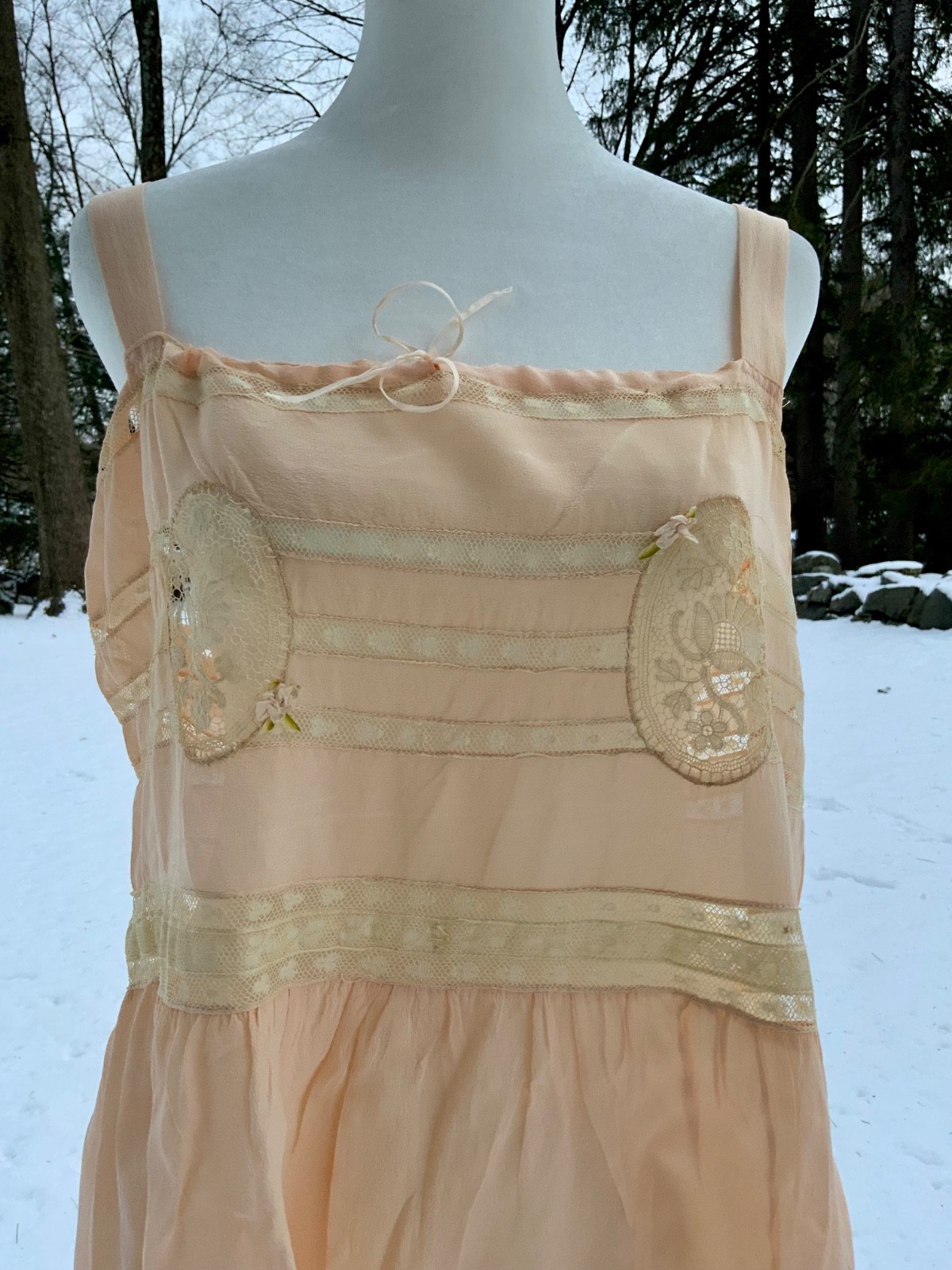 Circa 1912–1918 Blush Pink Silk Chiffon Teddy with Antique Lace – Edwardian Silk