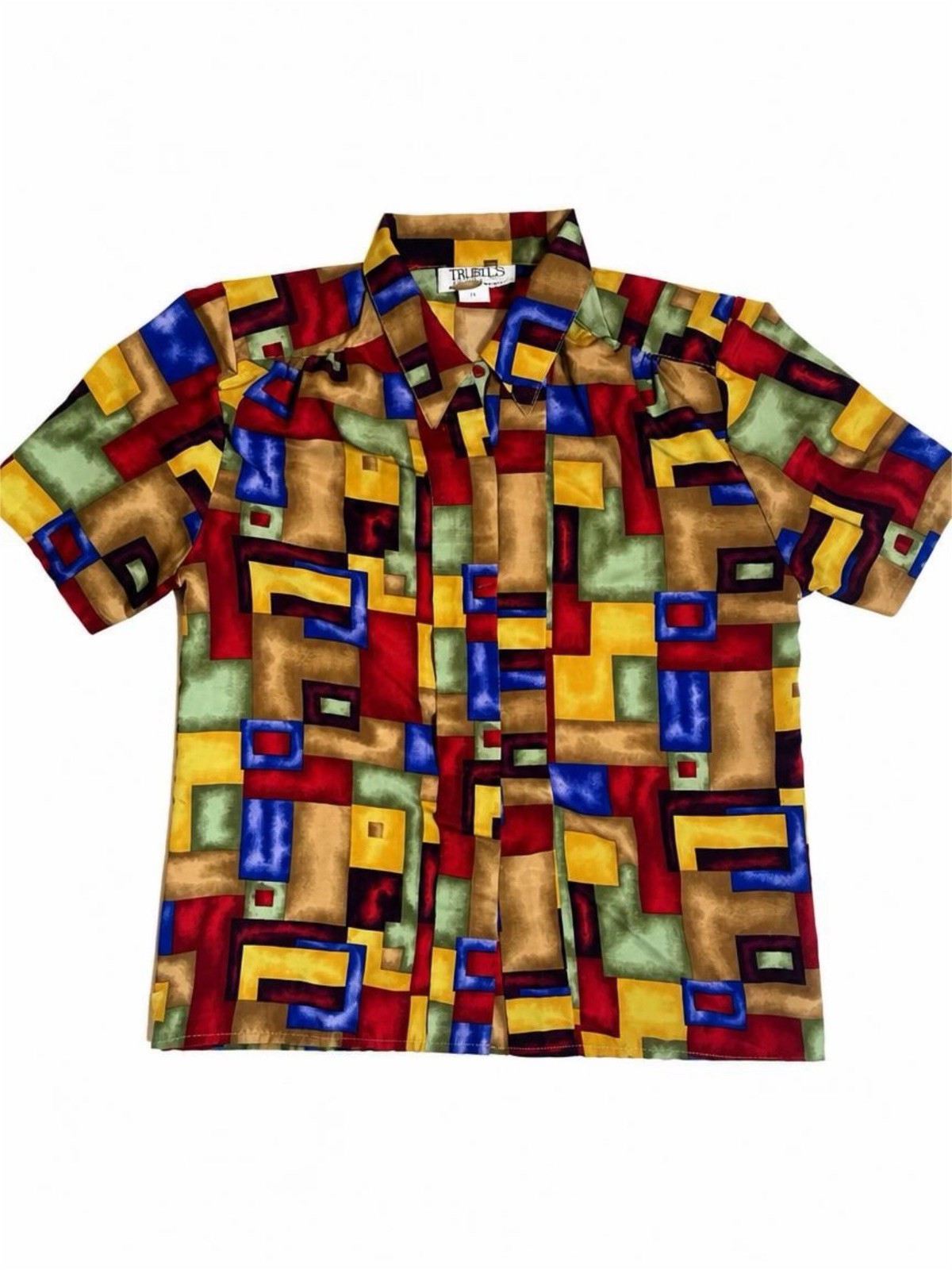 Truffles Women’s Vintage Geometric Multicolor Short Sleeve Button Top Size Small