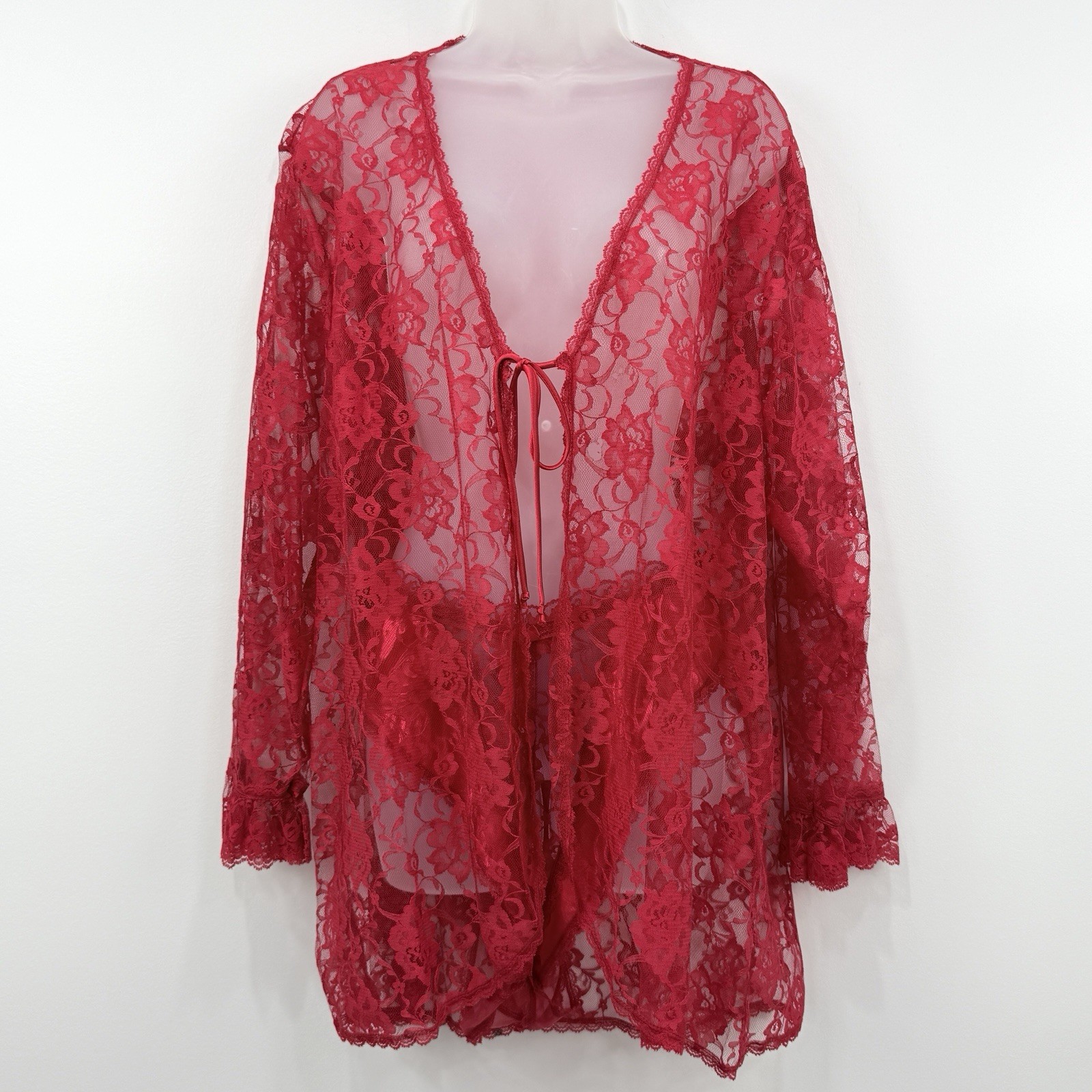 VTG 80s Intimate Attitudes Lace Robe Lingerie 1/2X Red Made In USA Sheer Sexy