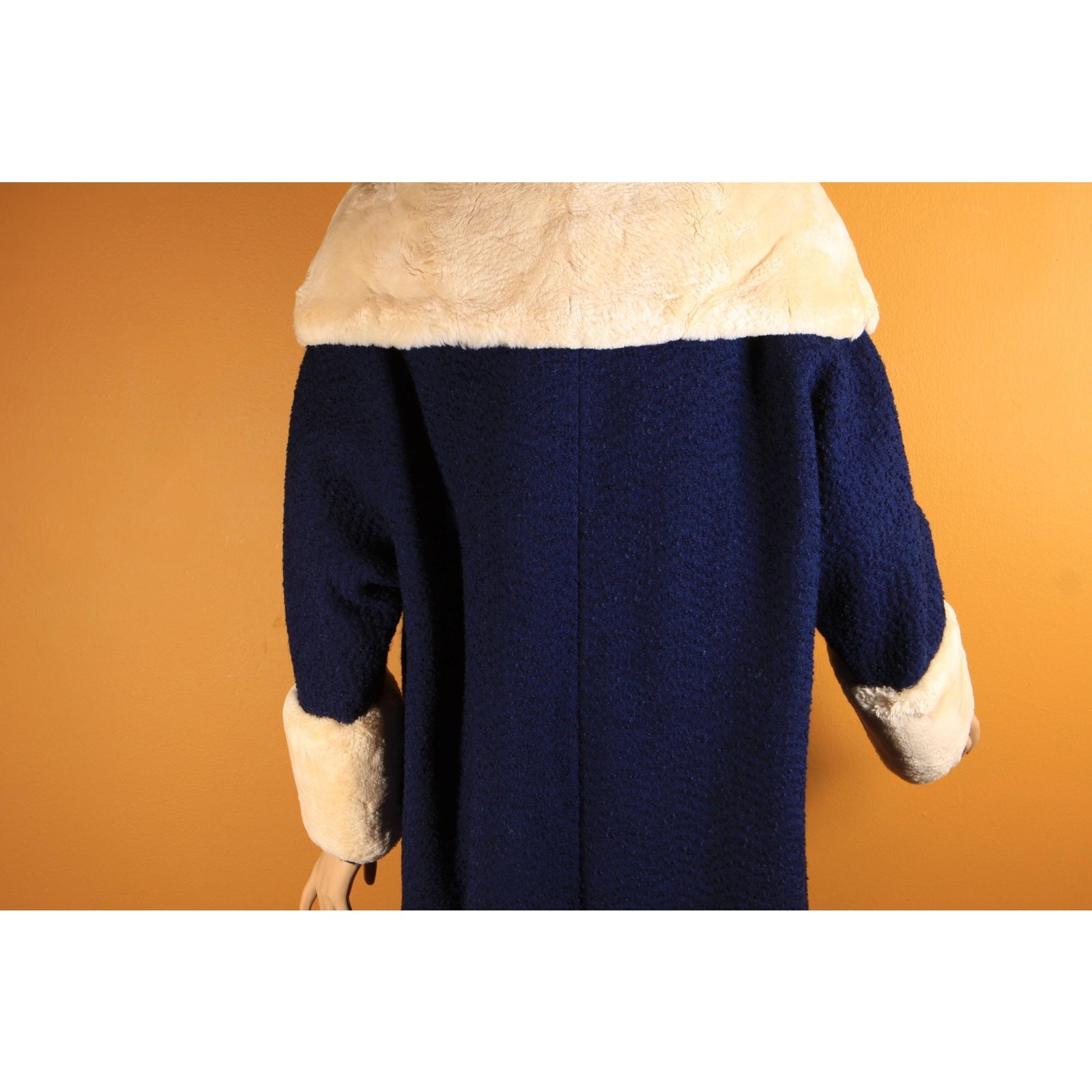 1950s Blue Long Sleeve Cream Sheared Chinchilla Fur Cuff Collar Coat by Adler’s