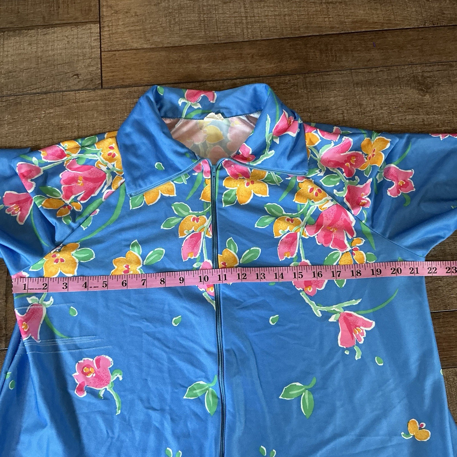 70s VTG Elaine Sklar Floral Zip Housecoat Blue Nylon Robe Women’s L Long #351125