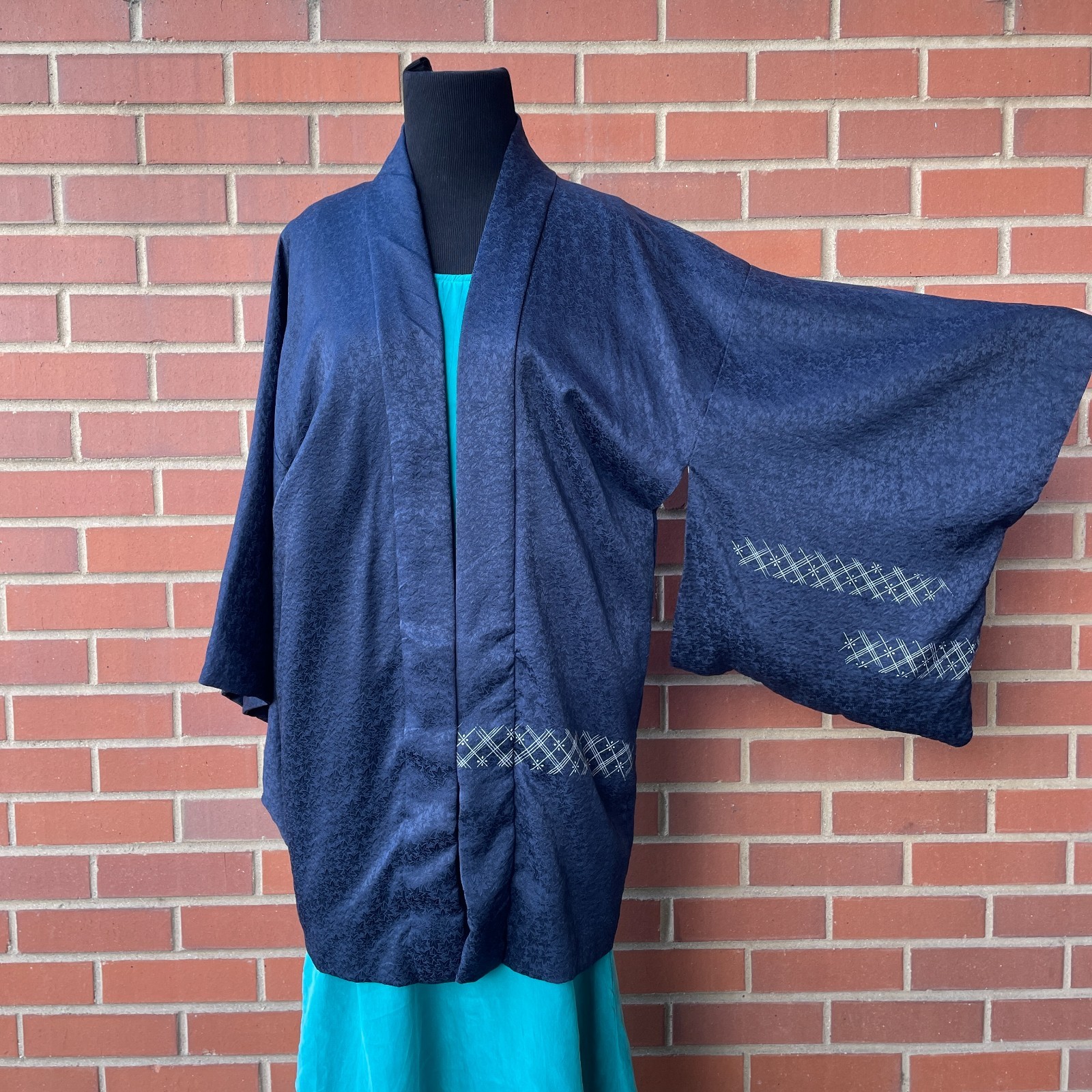 Vintage Japanese Navy Blue Silk Haori Leaf Kimono Size S-L