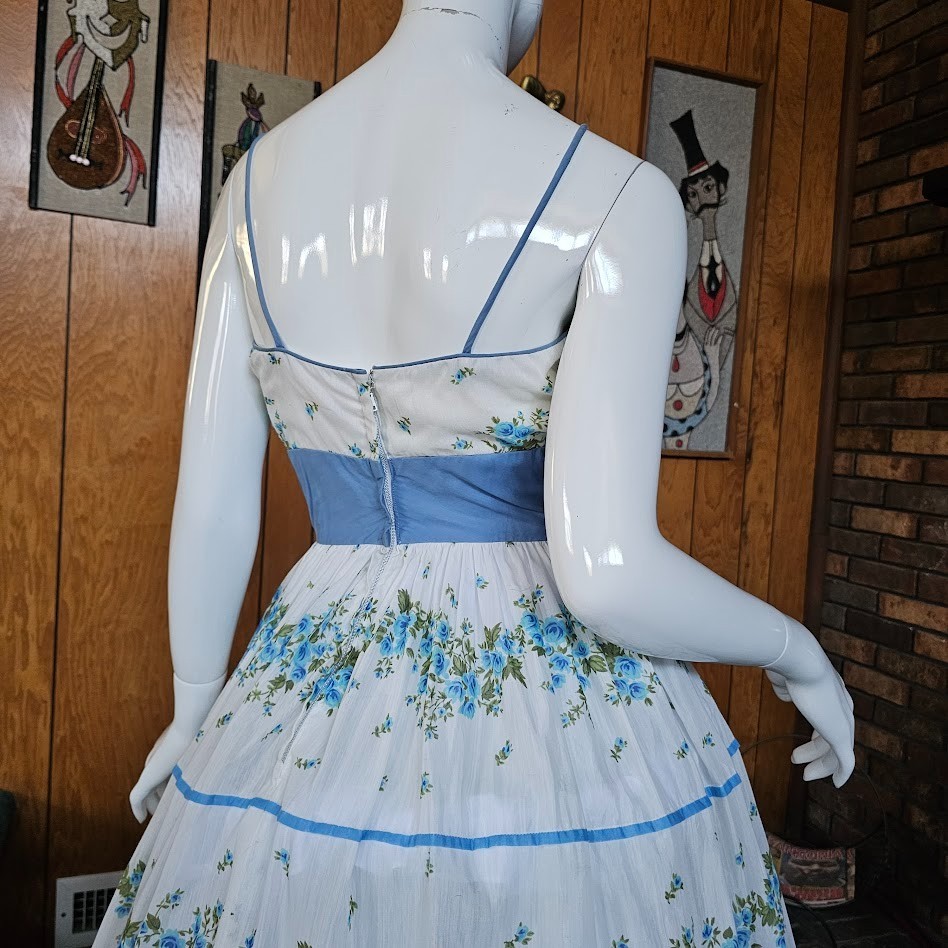 Vintage 50s Aqua Olive Cabbage Rose Voile Sheer Circle Skirt Party Prom Dress S