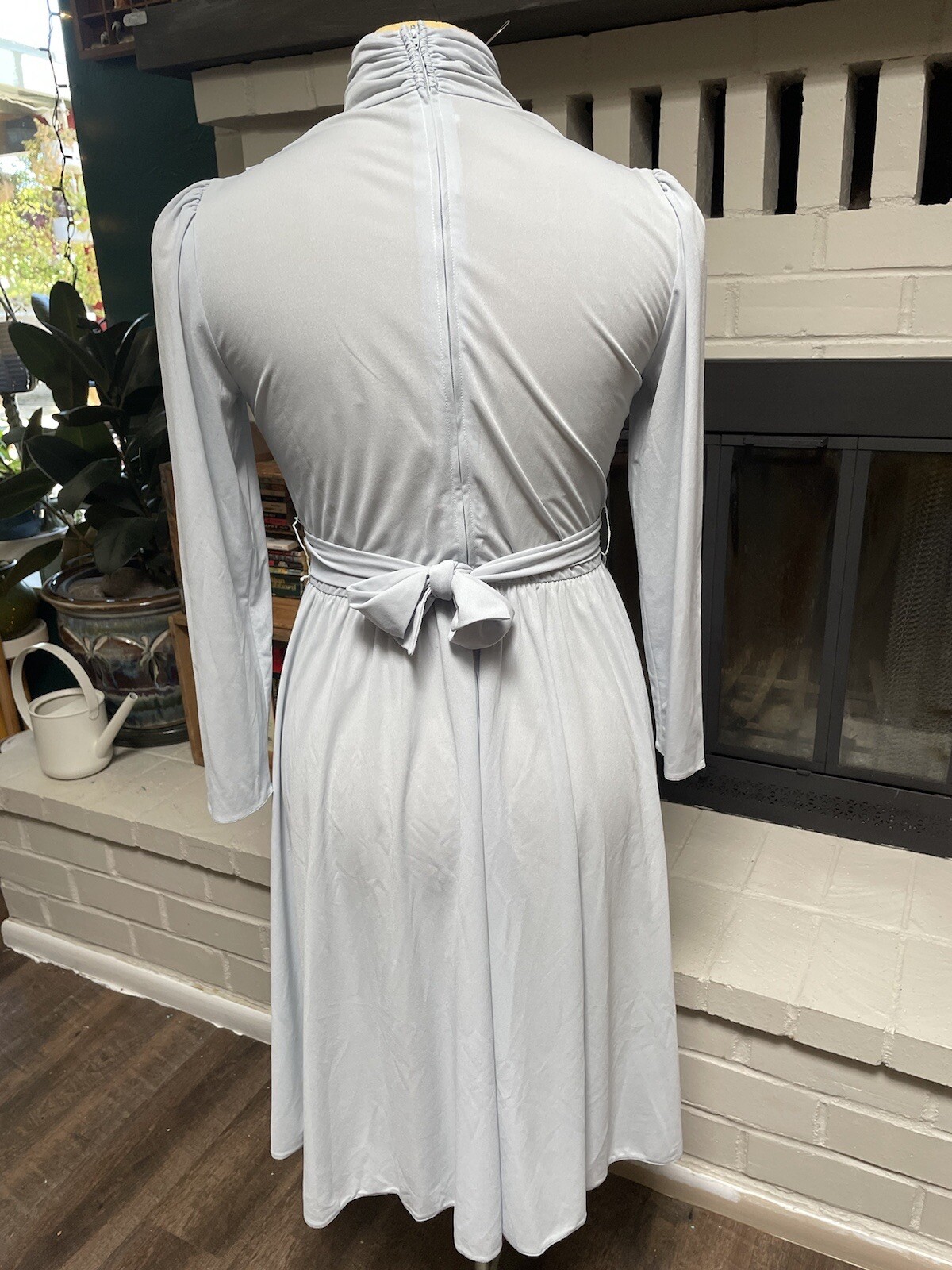 Vtg 70s Icy Blue Polyester Dress Secretary Disco Semi Sheer Puff Sleeve Petite 6