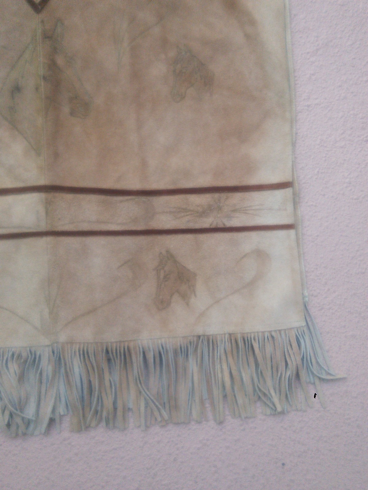 Vintage Men’s Mexican Handmade Suede Leather Poncho Western Fringe Hand Drawn OS