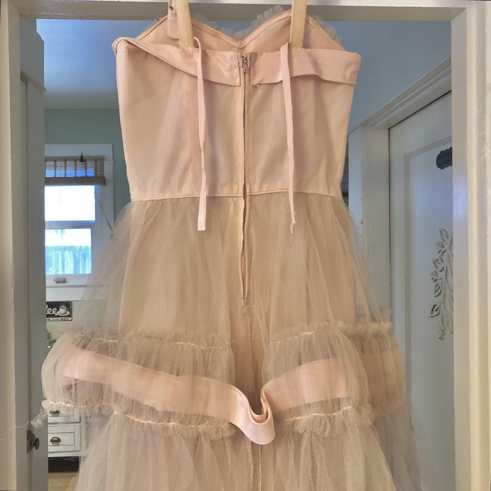 Vintage 50s Prom Party Dress XS Pink Acetate Tulle Net Overlay Sweetheart Read