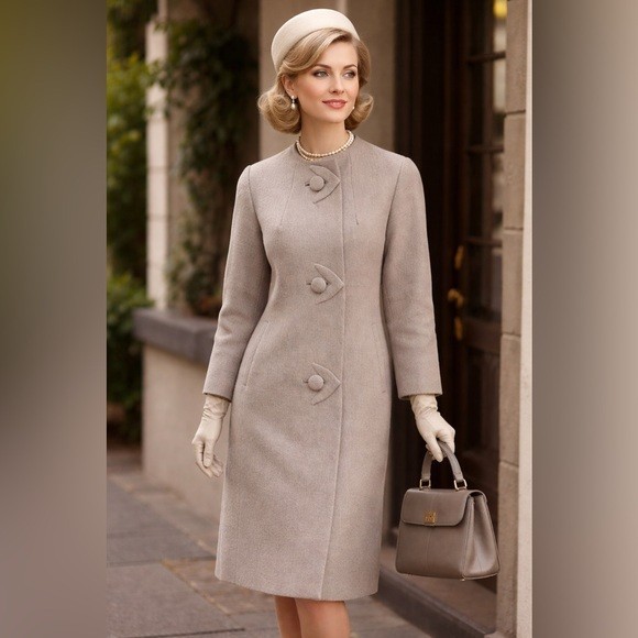 VINTAGE Women’s 50’s 60’s Textured Beige Tan Collarless Minimalist Design Coat