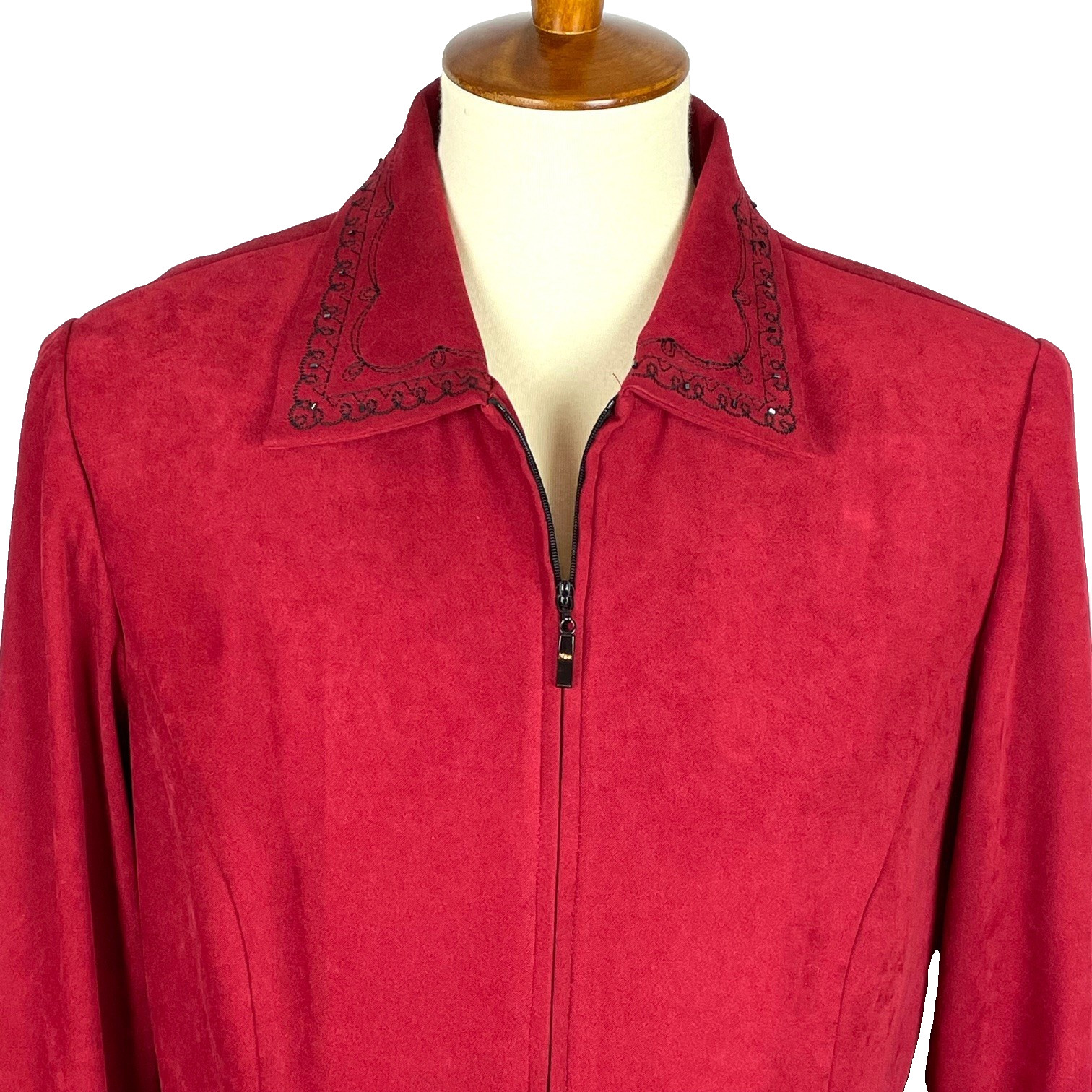 Vtg 80s 90s Studio I Faux Suede Full Zip Blazer Sz 12 Red Beaded Embroidery