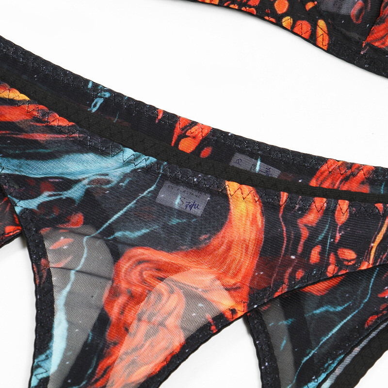 Arrival Colorful Ink Splatter Mesh Sexy Lingerie Set with Gloves and Garter Belt