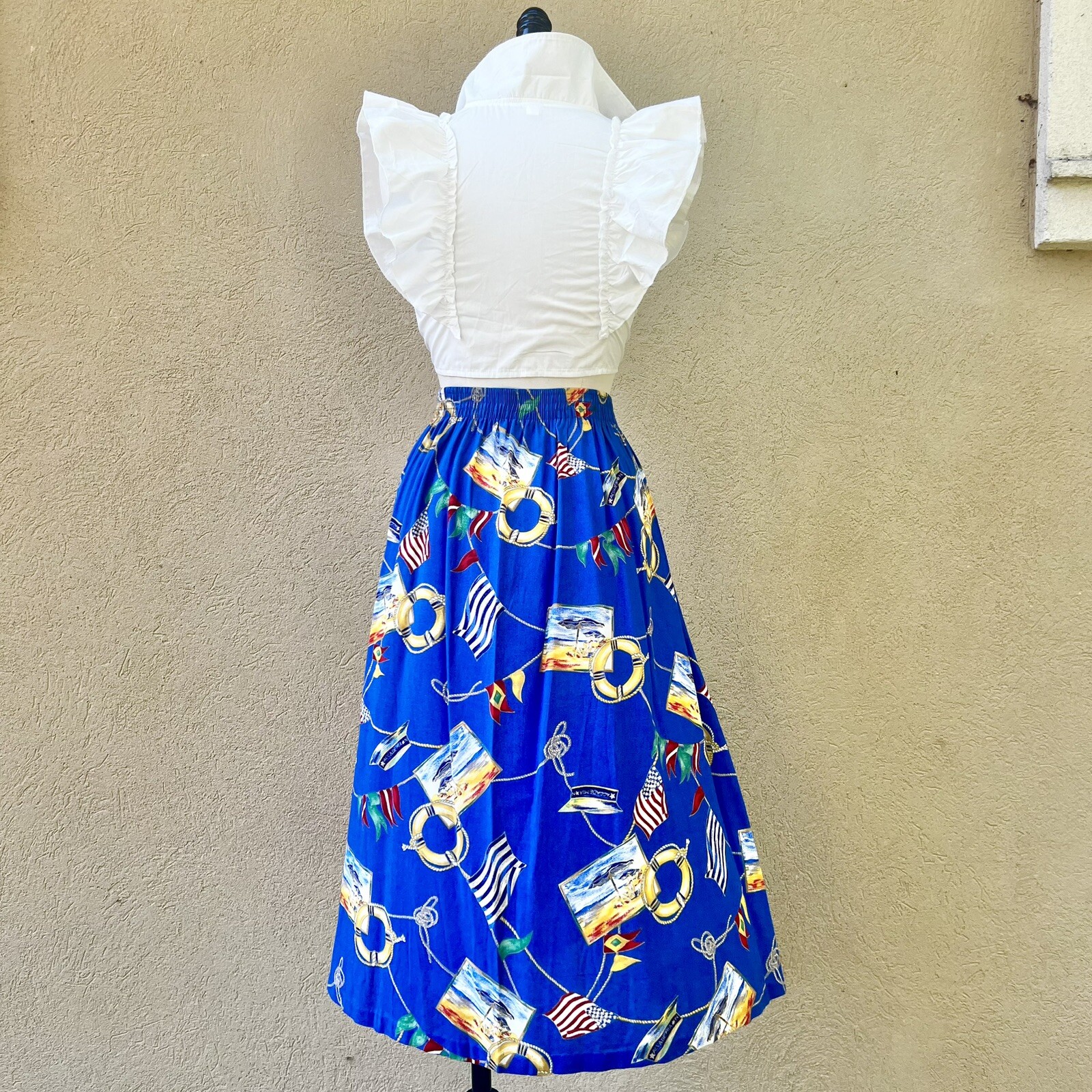 MARITIME NAUTICAL Sailing Yacht 90s 1990’s Vintage Novelty Print Rayon Skirt XL