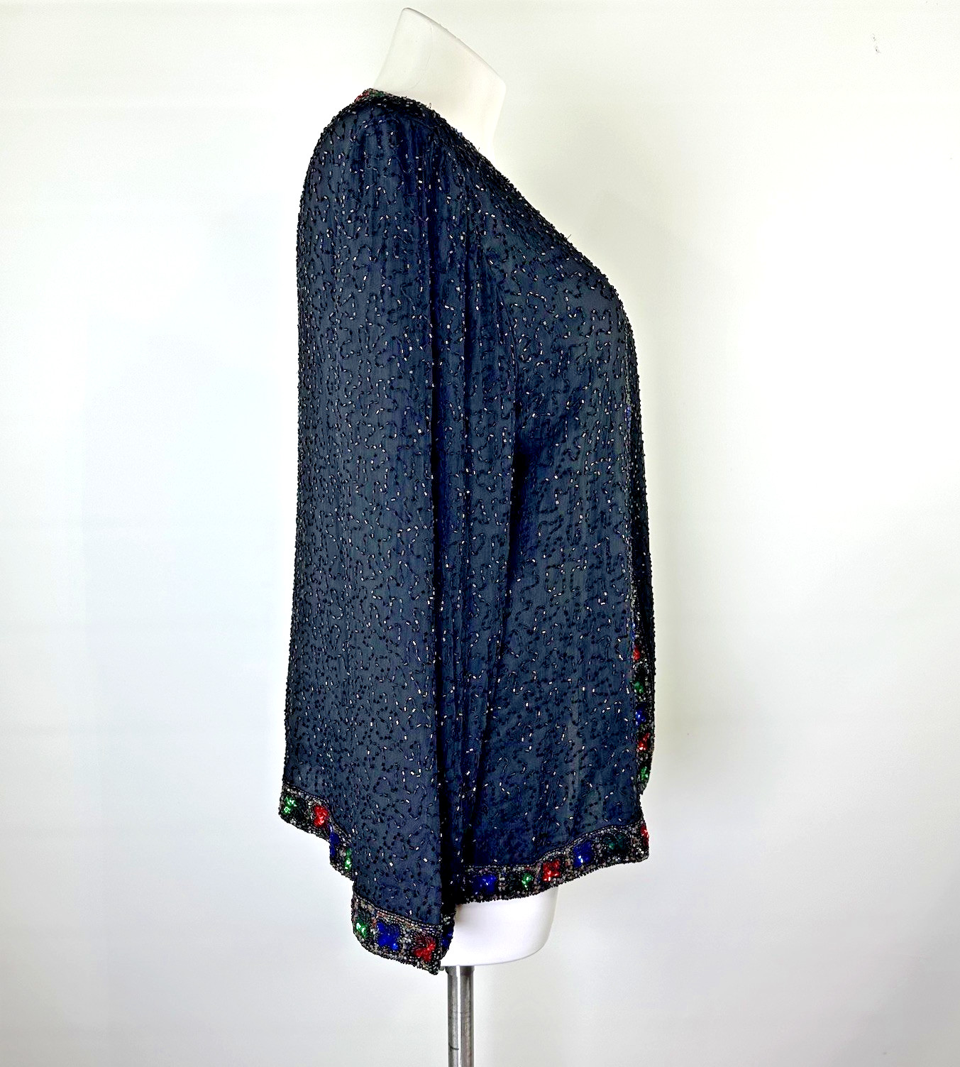 Laurence Kazar Vintage Beaded Silk Jacket Black Multi Color Sequin Womens 1X