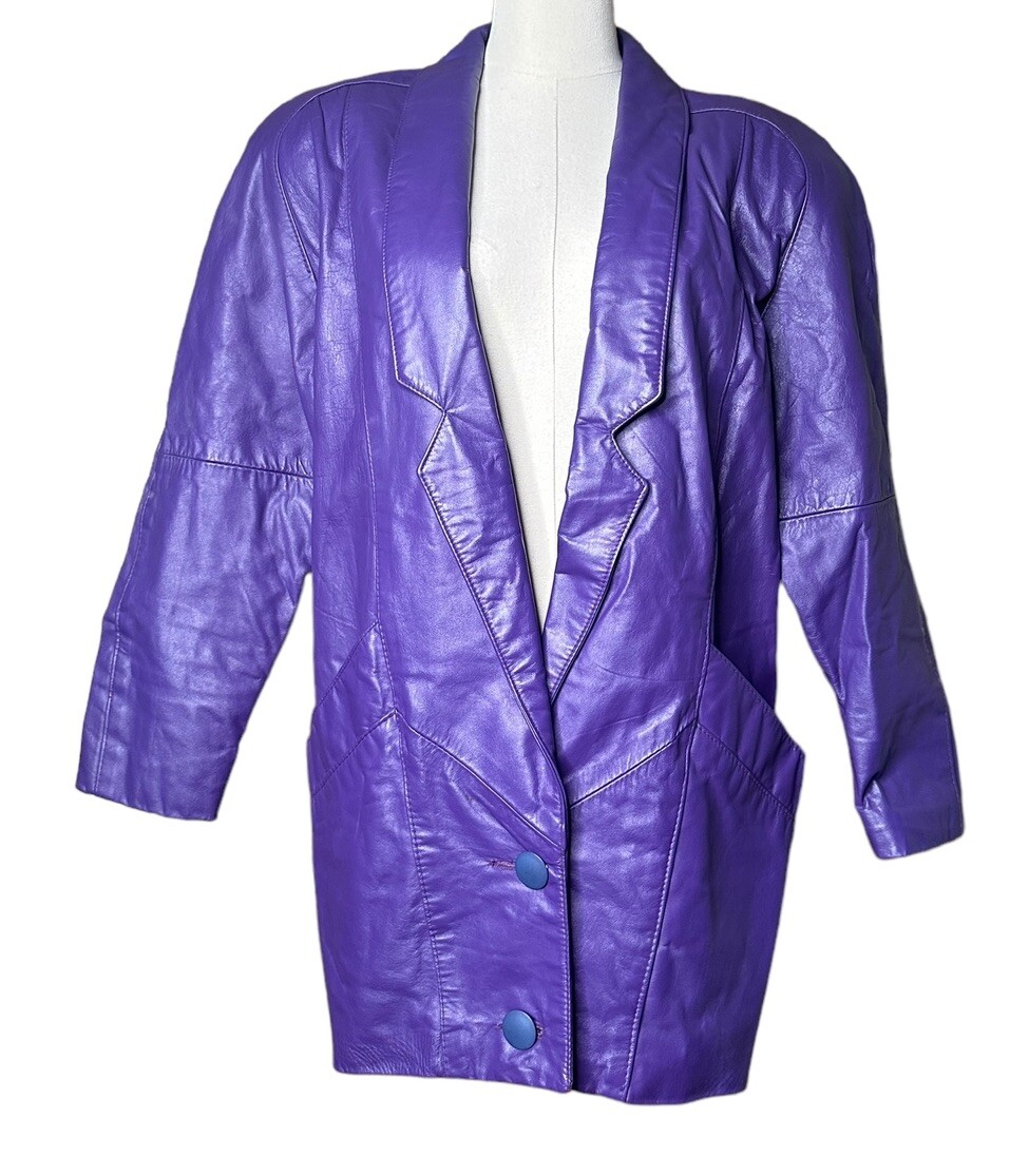 Vtg 90s Outerwear by Pheonix Purple Leather Jacket Coat Shoulder Pads Sz SP