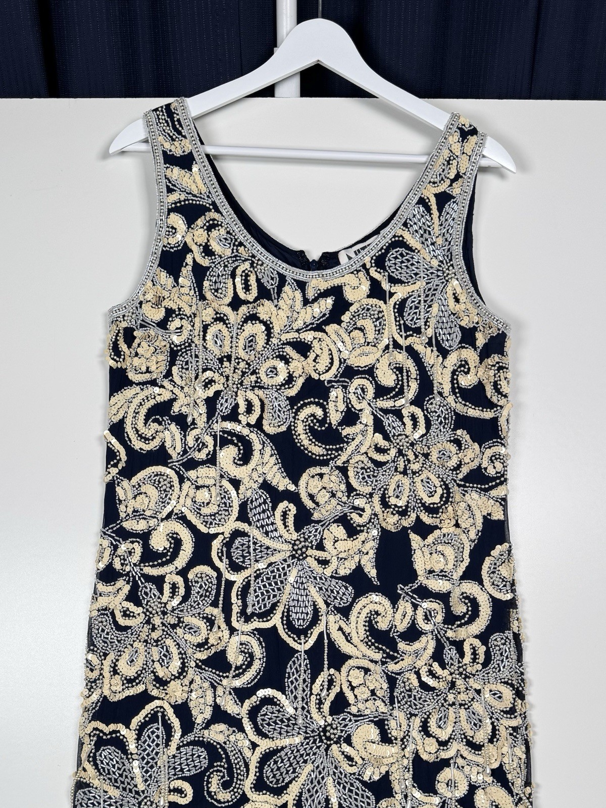 Vintage 80s 90s NITE LINE Beaded Sequin Silk Dress Blue Gold Floral Niteline 10