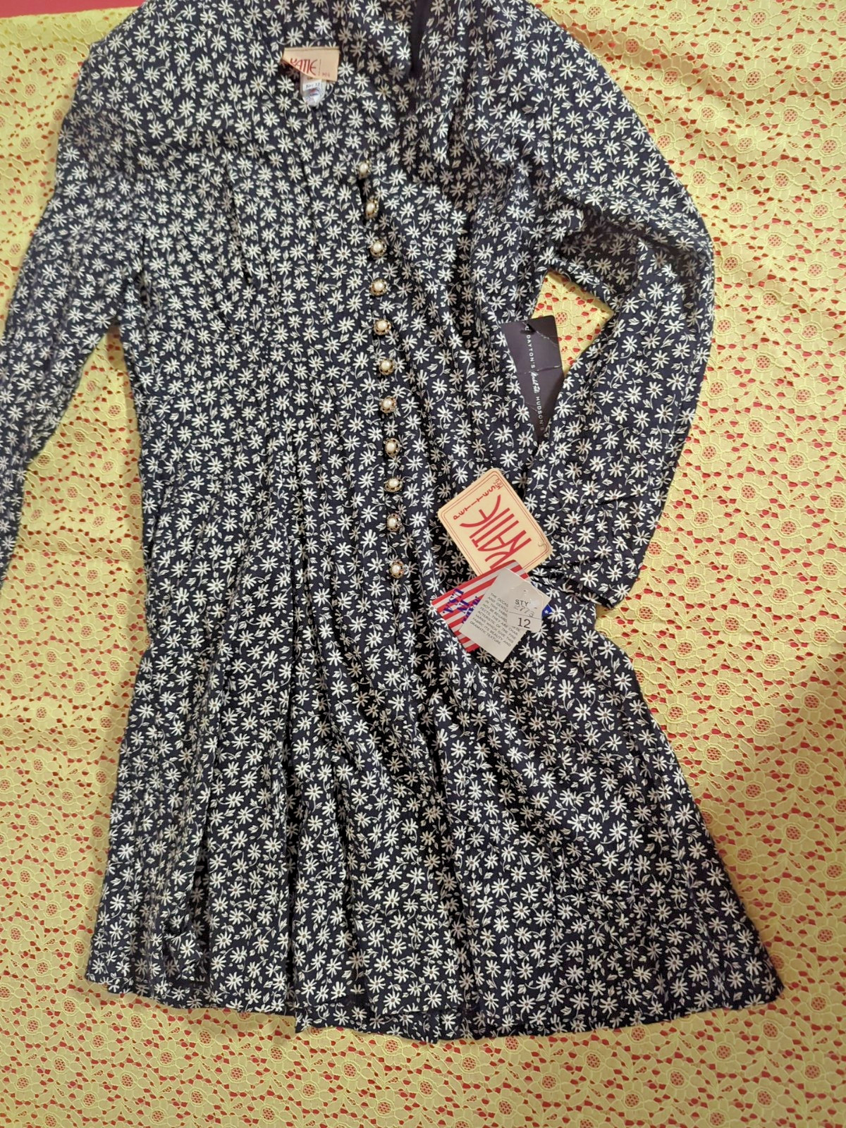KATIE MFG Floral LSleeve Vintage 80s Dress Size 12 Made In USA Union Made NOS
