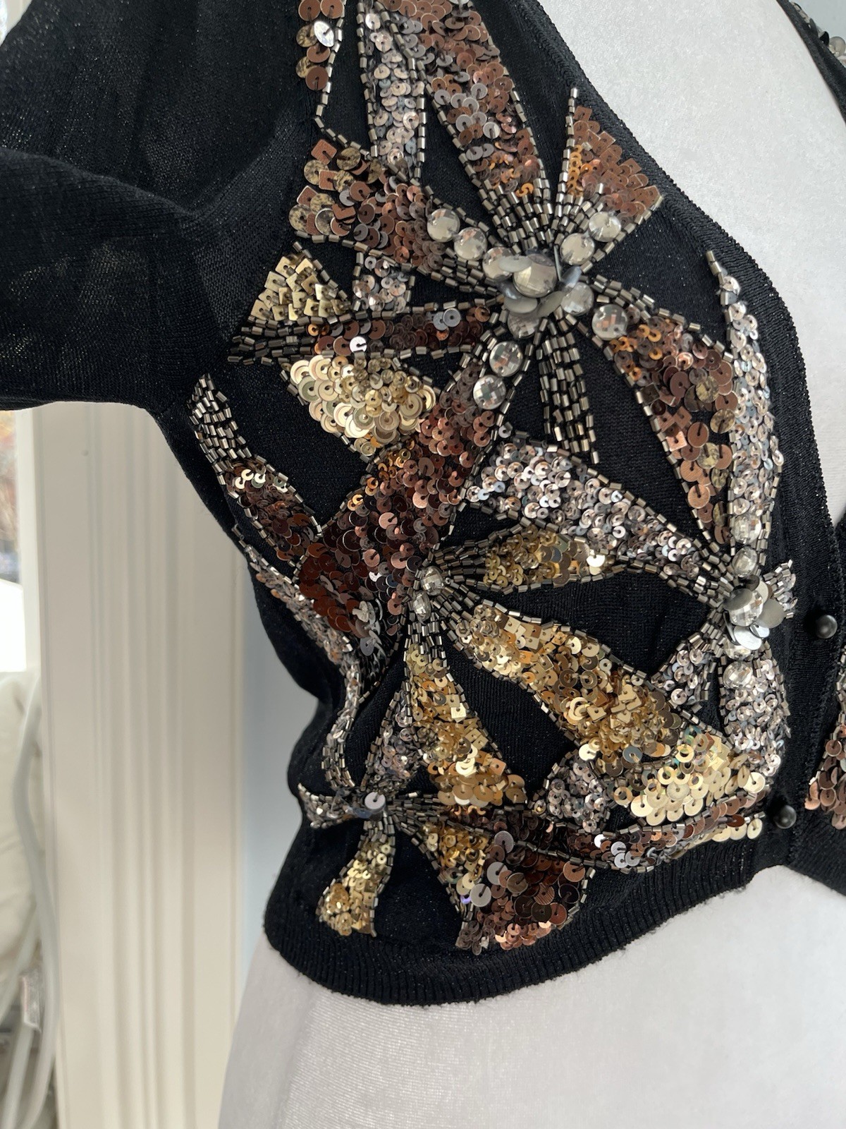 Sequin Beaded Sheer Black Gold Cardigan Sweater Pin-up Evening 80’s XS S Cropped