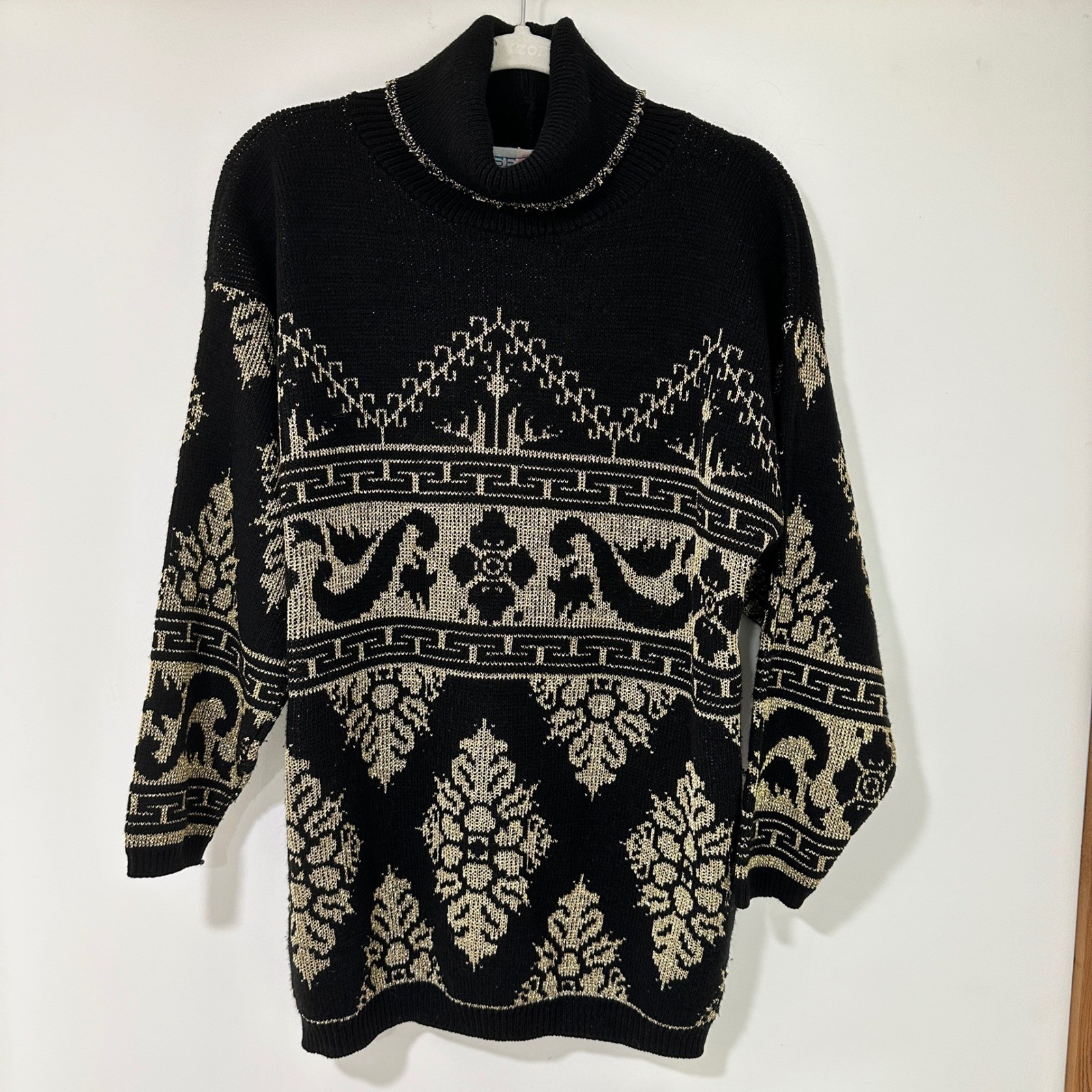 Rose Vintage Sweater Turtleneck Womens XL Black Gold Lurex Knit Intarsia USA 80s