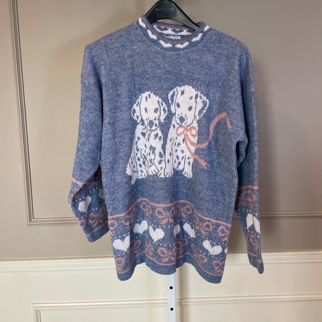 Vintage Adele Knitwear Sweater XL Dalmation Dogs Blue Bows Hearts EUC Pastel