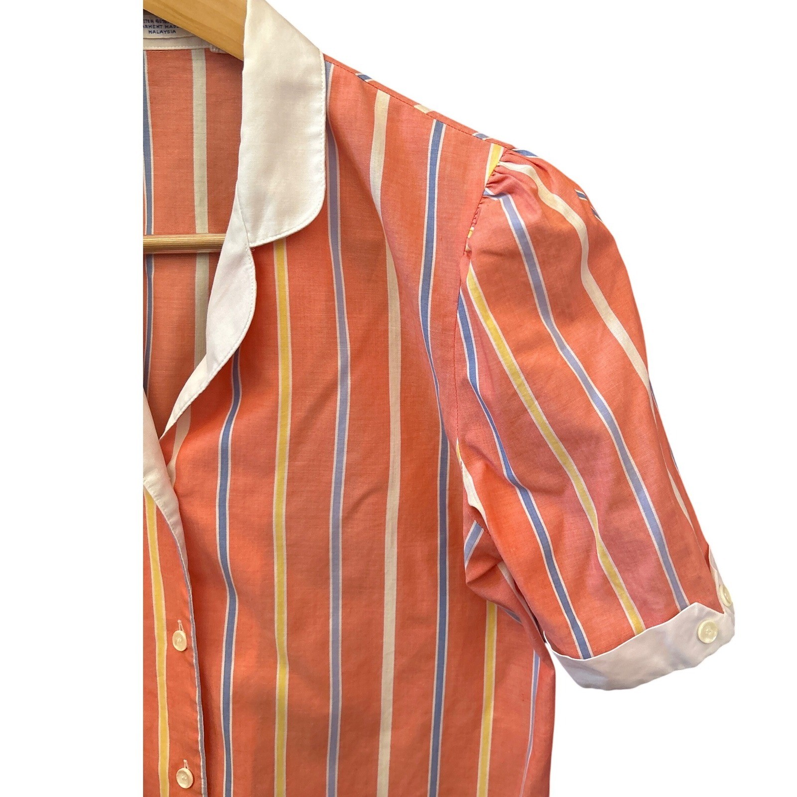 Vintage Stripe Blouse Retro Mod Preppy Peter Pan Collar Puff Sleeve Coastal Chic