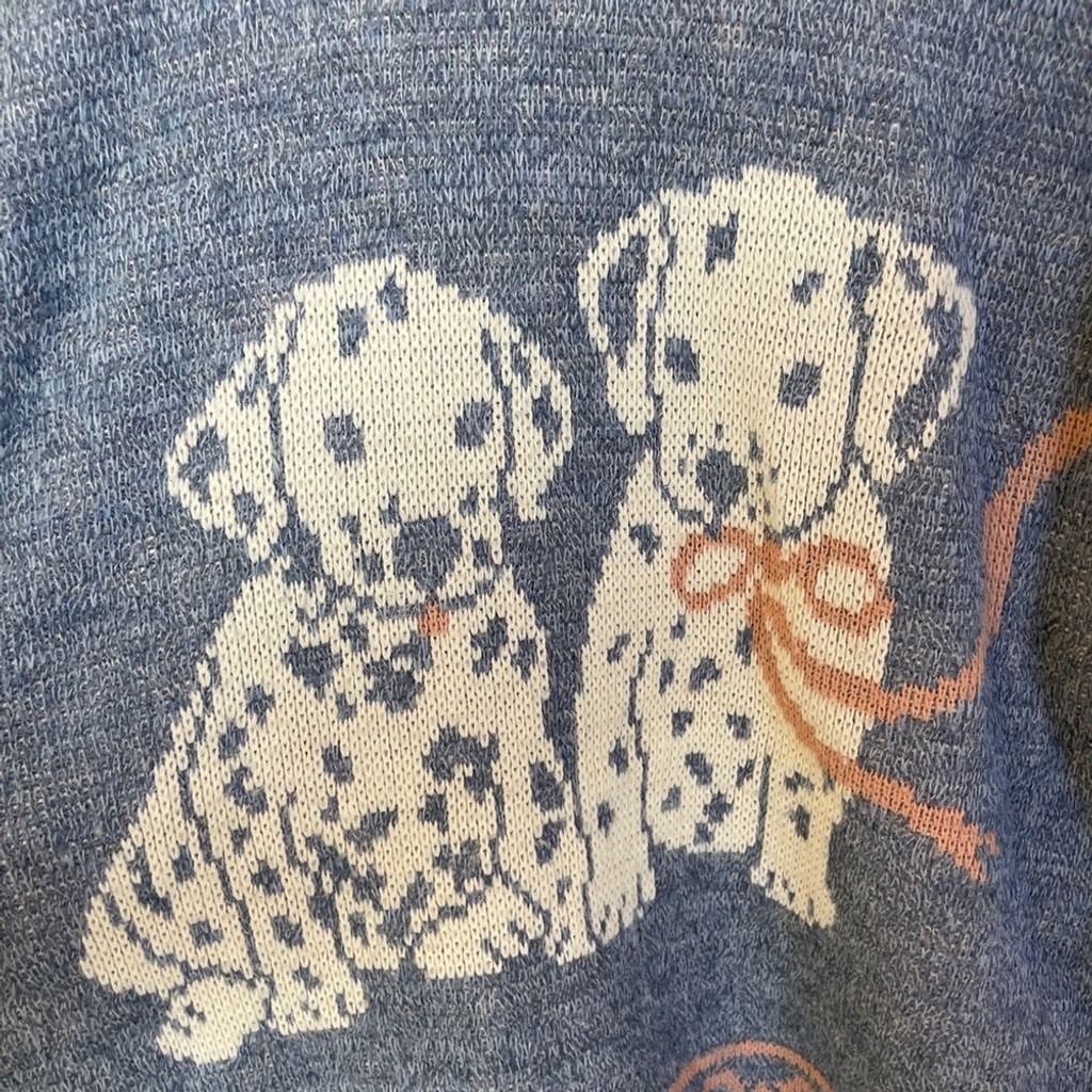 Vintage Adele Knitwear Sweater XL Dalmation Dogs Blue Bows Hearts EUC Pastel