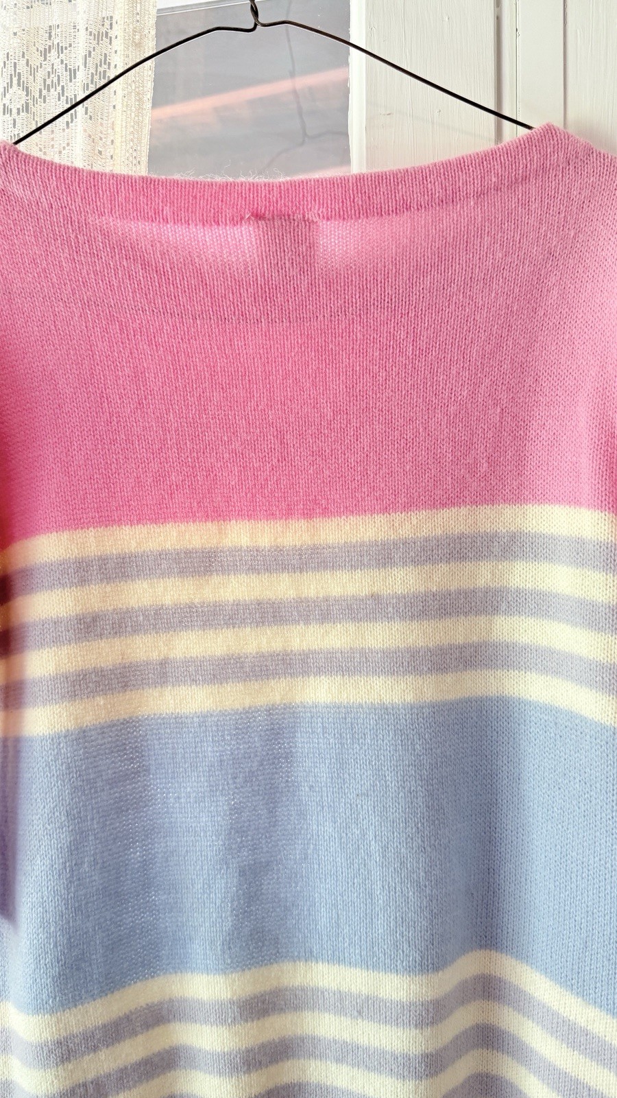 Vintage 80s Garan Pastel Striped Knit Sweater Top Pink Blue Yellow Puff Sleeve L