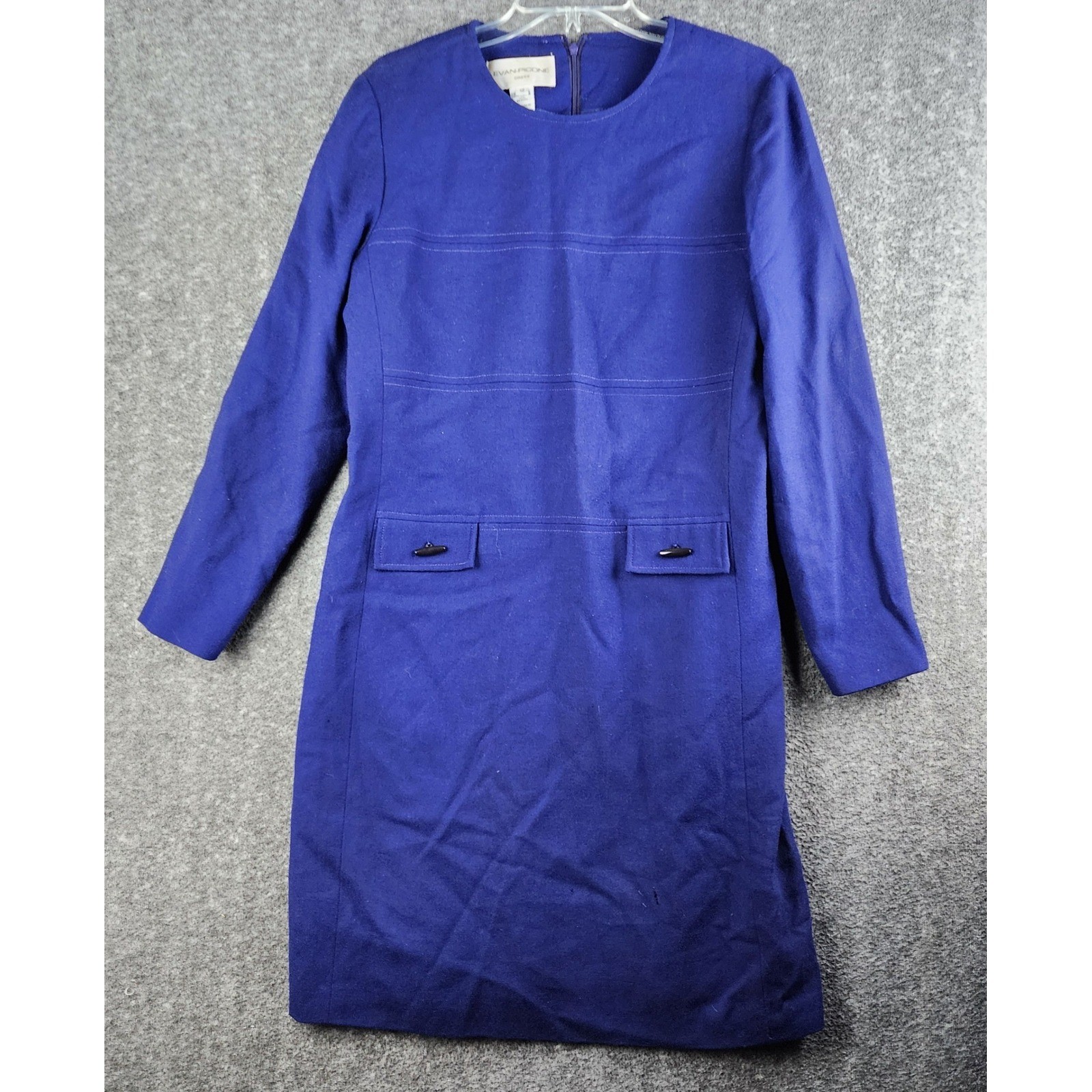Evan-Picone Sheath Dress Women 12 Blue Worsted Wool Vintage Made in USA Toggle