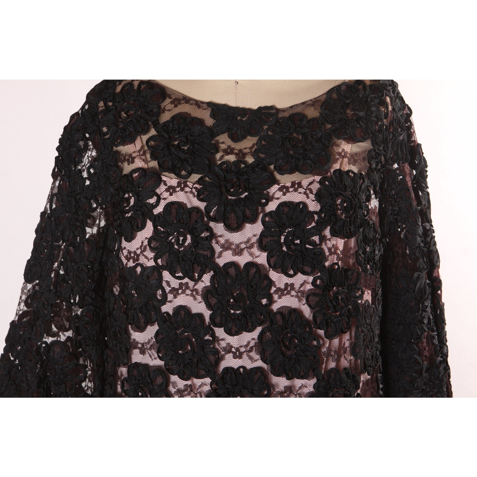 1960s Sheer Black Floral Lace Overlay Dress with Two Slips in Pink and Black