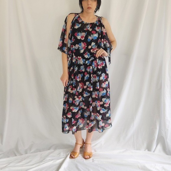 70s/80s Sheer Black, Pink, and Blue Floral Dress