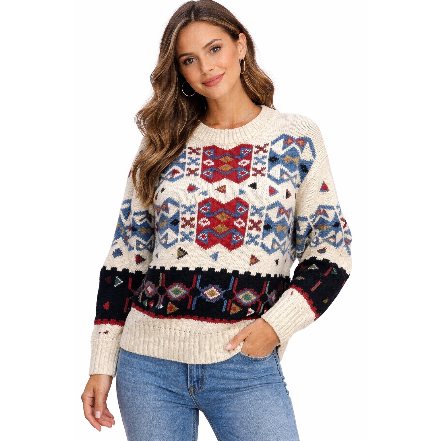 Vintage 90s Contempo Casuals Southwestern Sweater Boho Geometric Retro Crewneck
