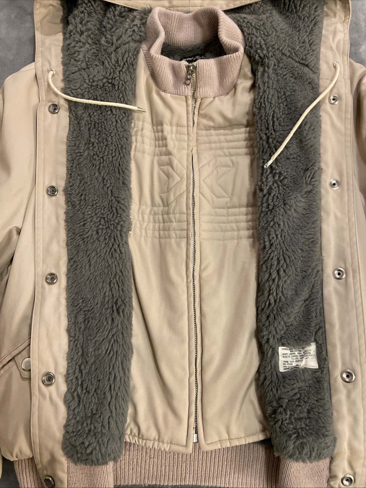 Vintage Retro Mod Maid Tan Grey Hooded Bomber Jacket Coat Women’s RN45533 RARE