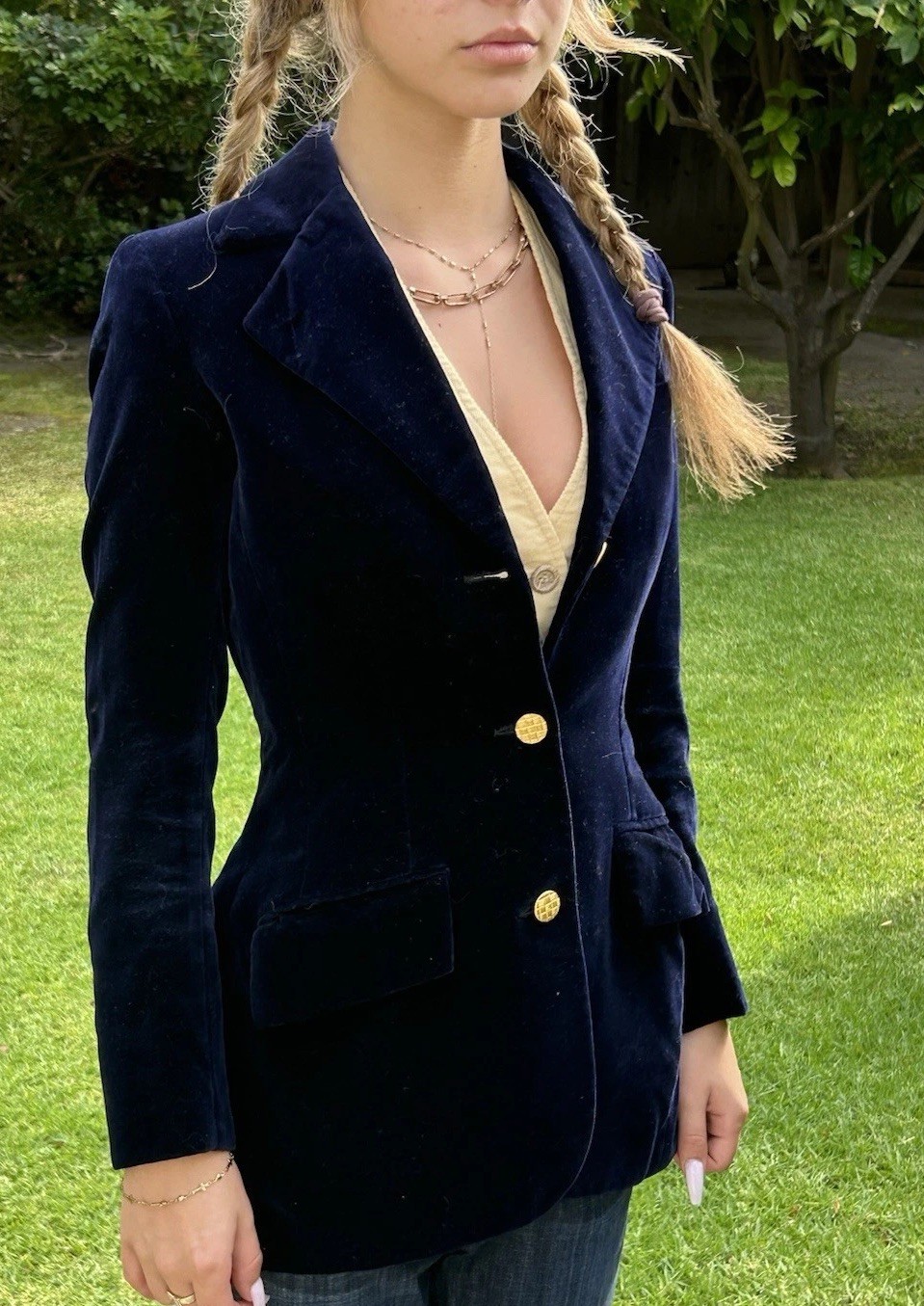 Vtg 70s Leon Block XS Riding Coat Jacket Blazer Velvet Sexy Blue Equestrian