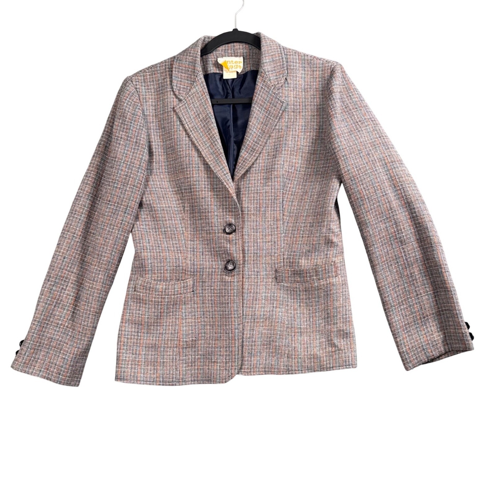 VTG Center Stage Plaid Blazer Women 10 Blue Orange Wool Blend Academia Jacket