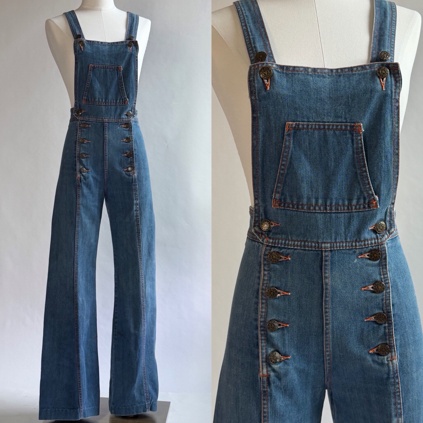 70s Faded Glory Flare Leg Double Button Overall Jumpsuit Size 7 /Small 26×29