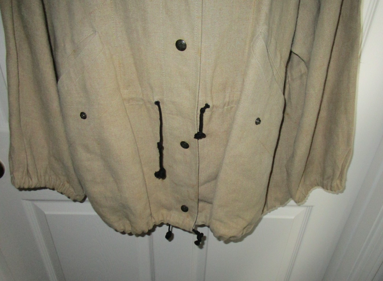 VTG XL L SONIA RYKIEL INSCRIPTION FRANCE TAN LINEN OVERSIZE UTILITARIAN JACKET