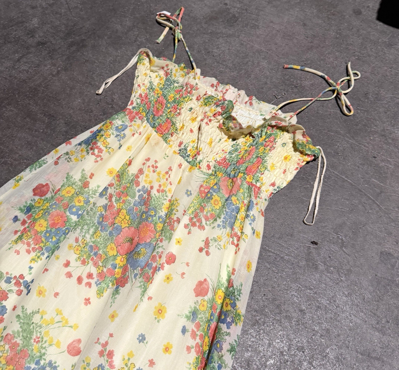 Vintage 1960s Miss Rita Floral Smocked Boho Prairie Cottage Core Dress Ivory