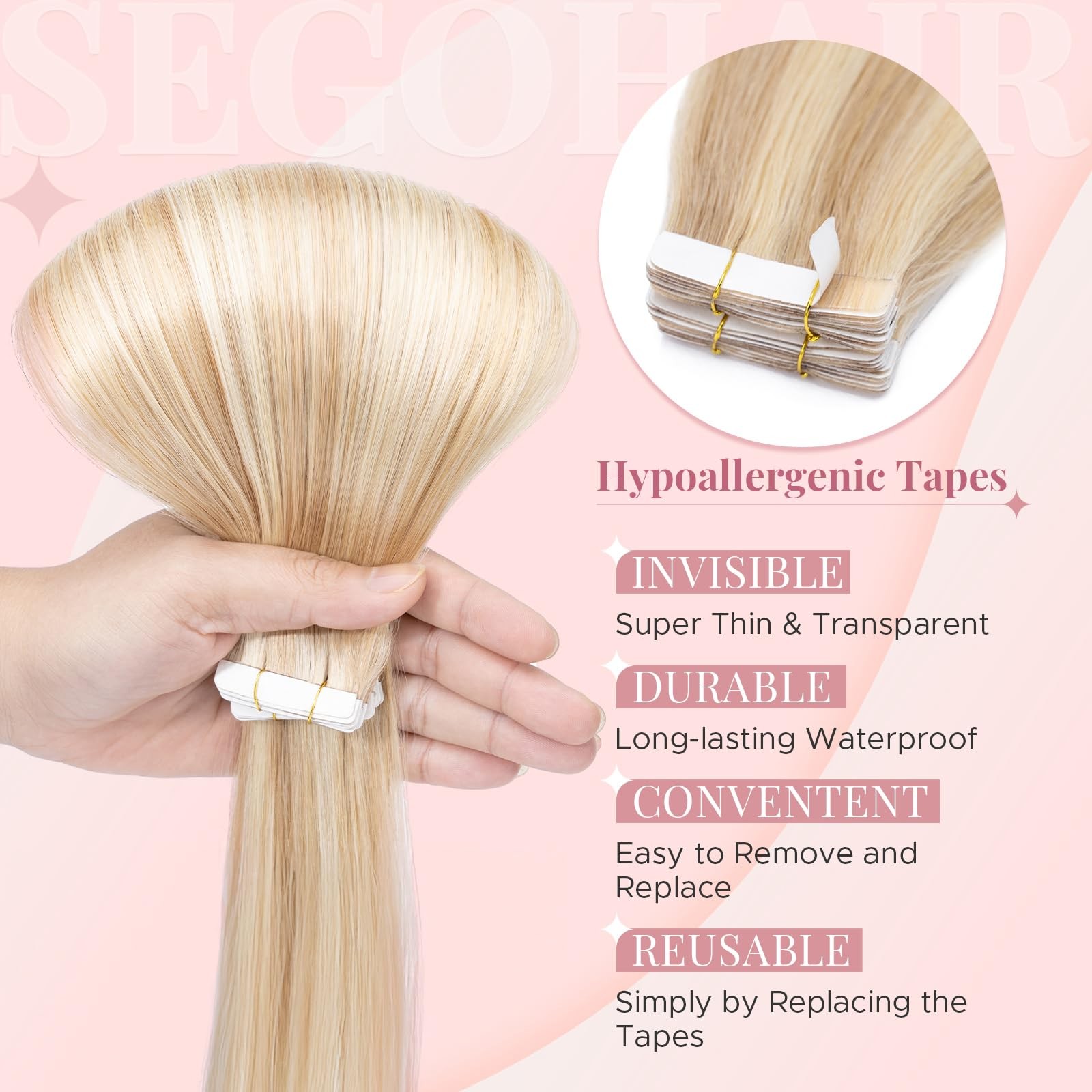 SEGOHAIR Human Hair Tape-In Extensions 20pcs 16in Light Blonde Bleach Remy Seaml
