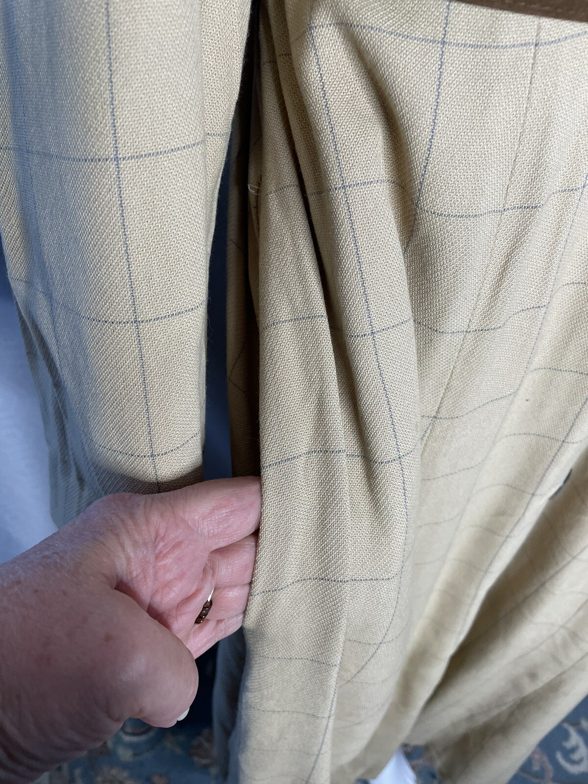 Vtg 80s Robert Riel Collection Coat Dress M-L? Beige Windowpane Faux Suede Trim